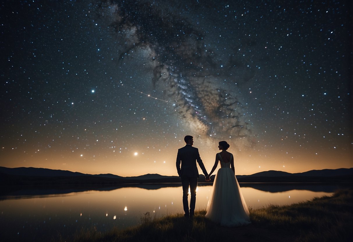 A couple stands under a starry sky on their wedding night, surrounded by a custom star map depicting the constellations of that special evening