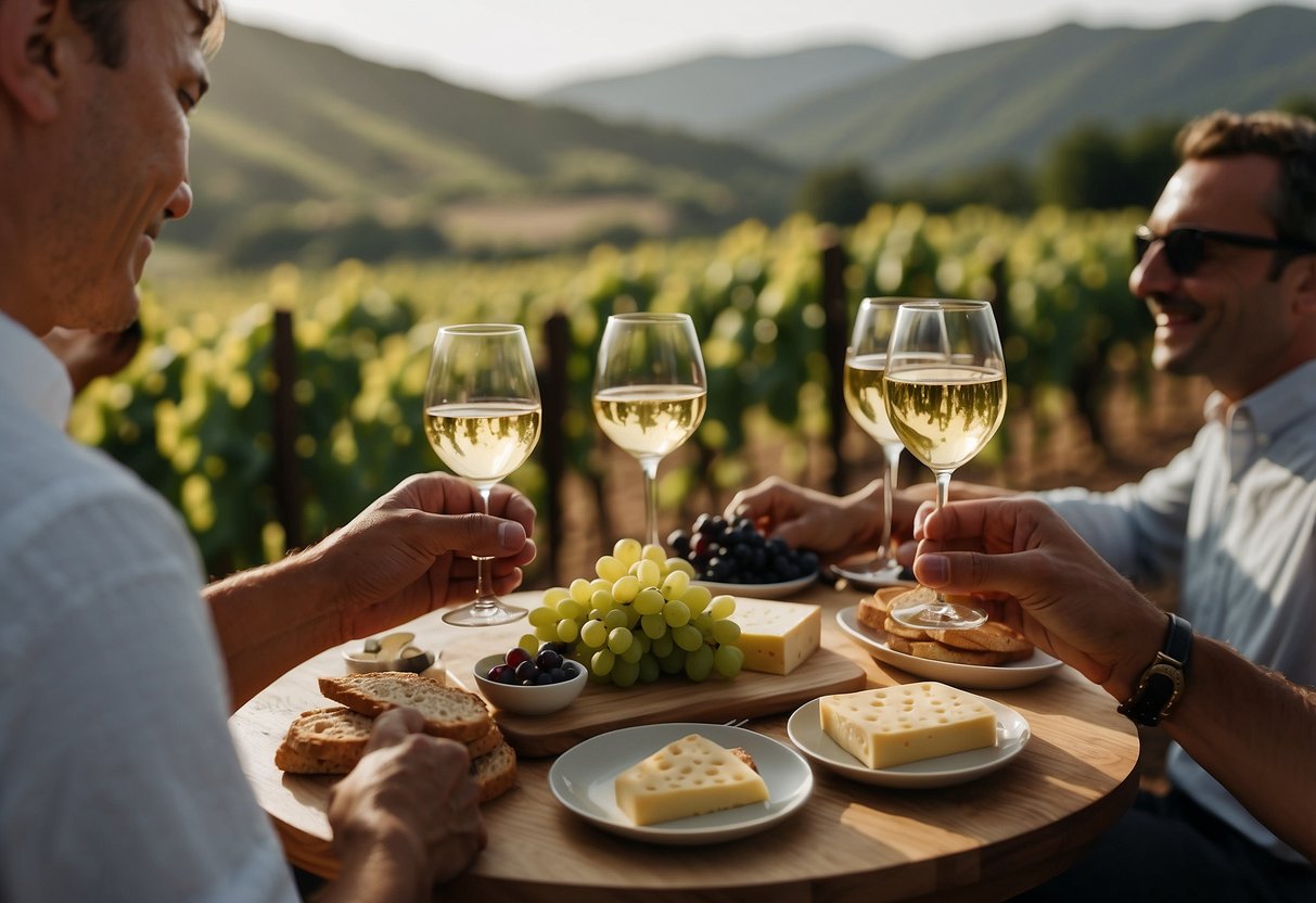 Guests sipping wine at a vineyard, surrounded by lush green vines and rolling hills. A table set with cheese and crackers, while a sommelier pours tastings