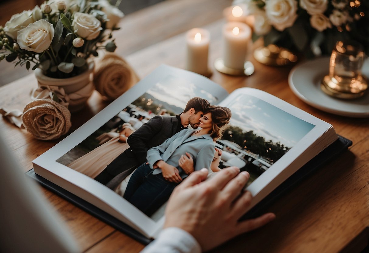 A couple's hands holding a personalized photo book, surrounded by wedding memorabilia and a romantic setting