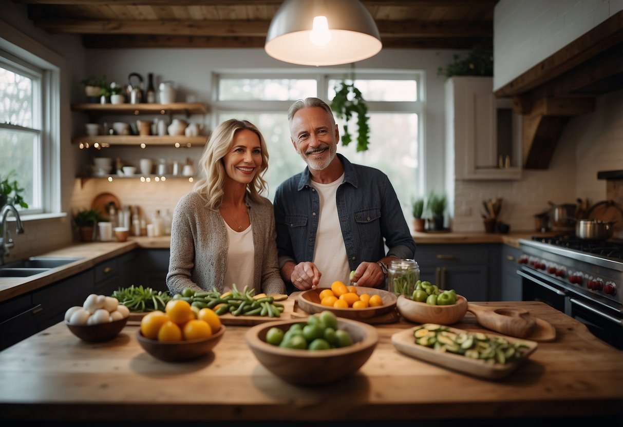 A couple celebrating their 24th wedding anniversary in a private cooking class, surrounded by a beautifully set table, fresh ingredients, and a cozy kitchen atmosphere