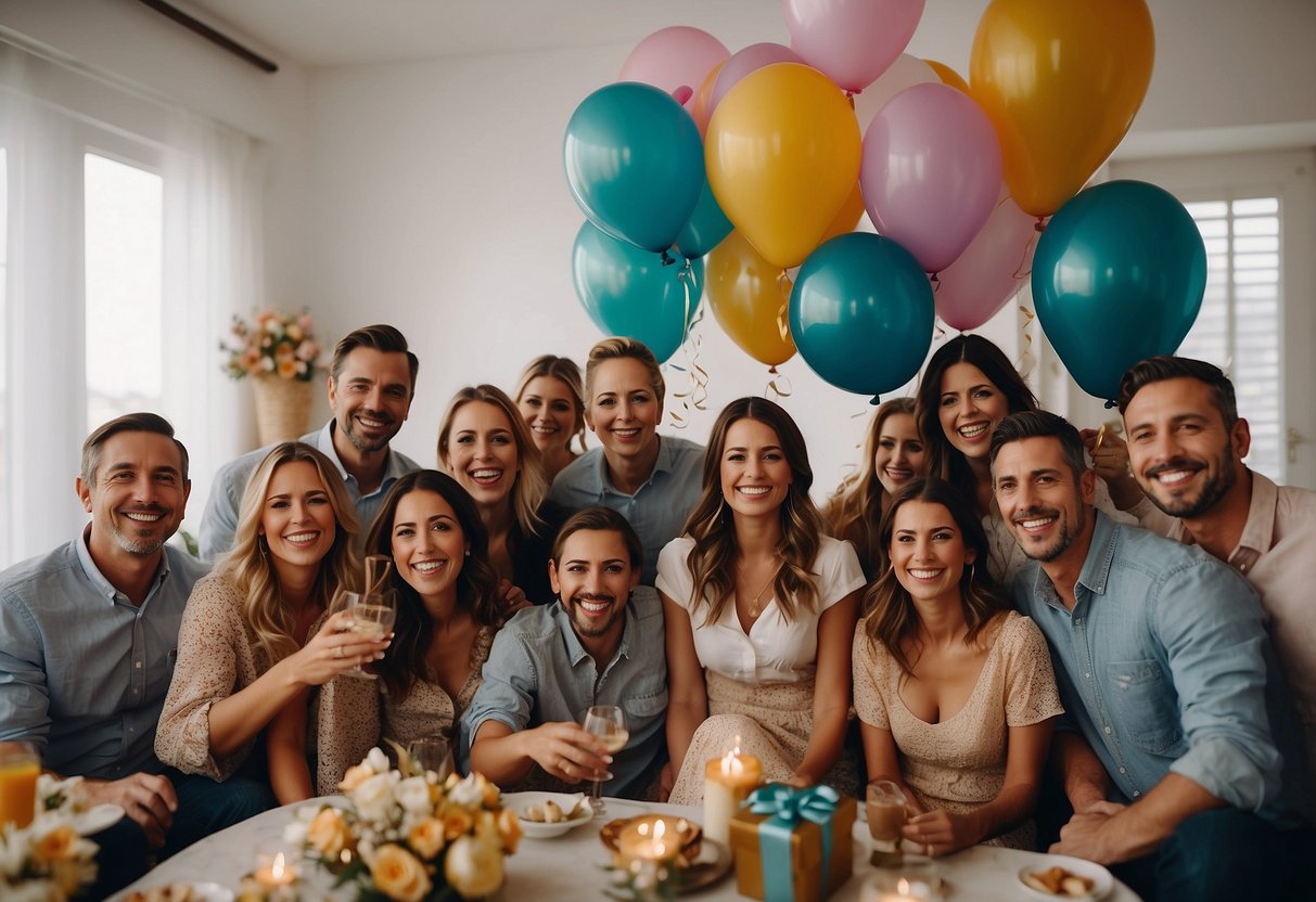 A group of friends and family gathered in a decorated room, holding balloons and presents, ready to surprise the couple celebrating their 24th wedding anniversary