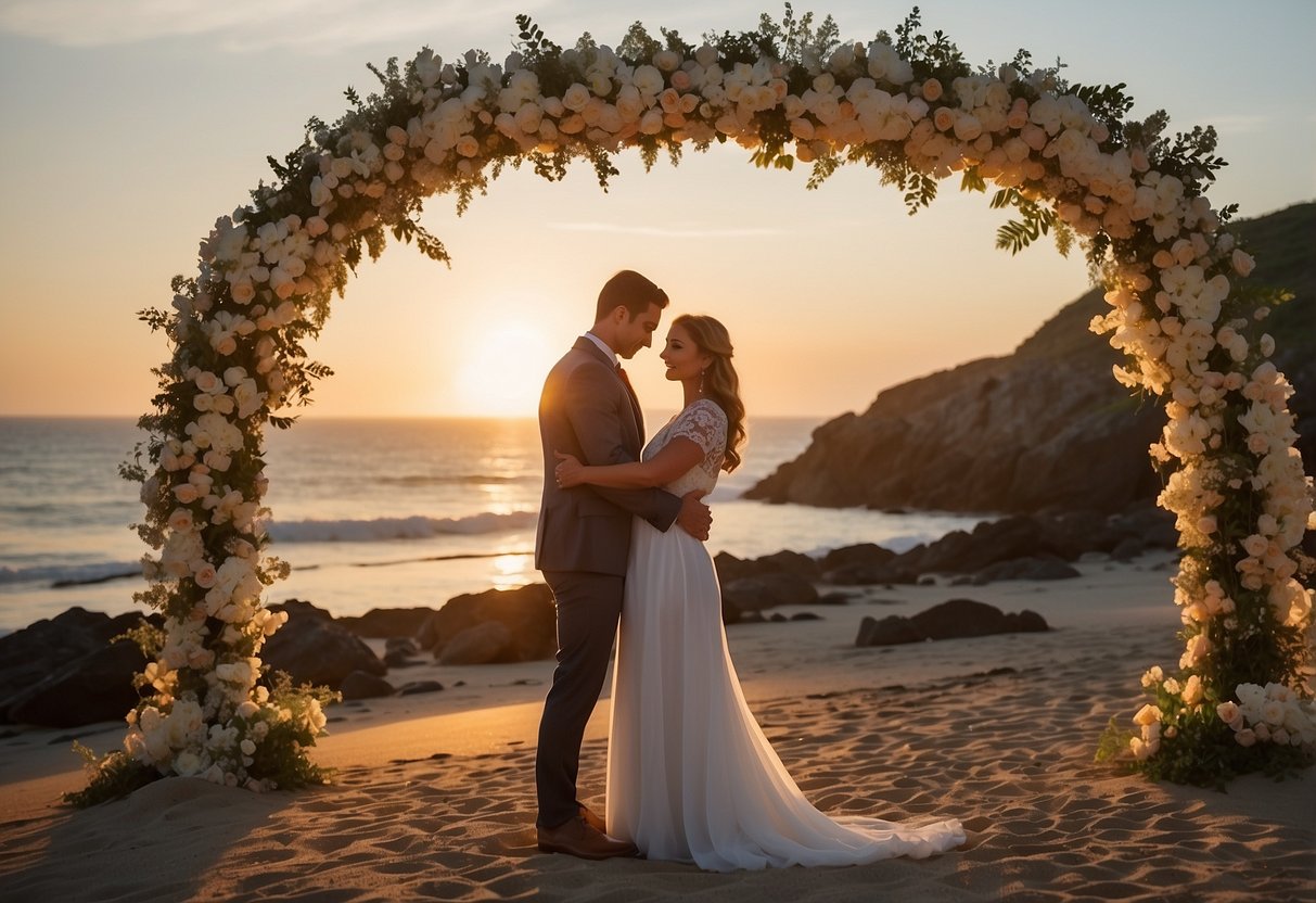 A couple stands under a floral arch at a beachside ceremony, surrounded by loved ones. The sun sets over the ocean, casting a warm glow on the scene