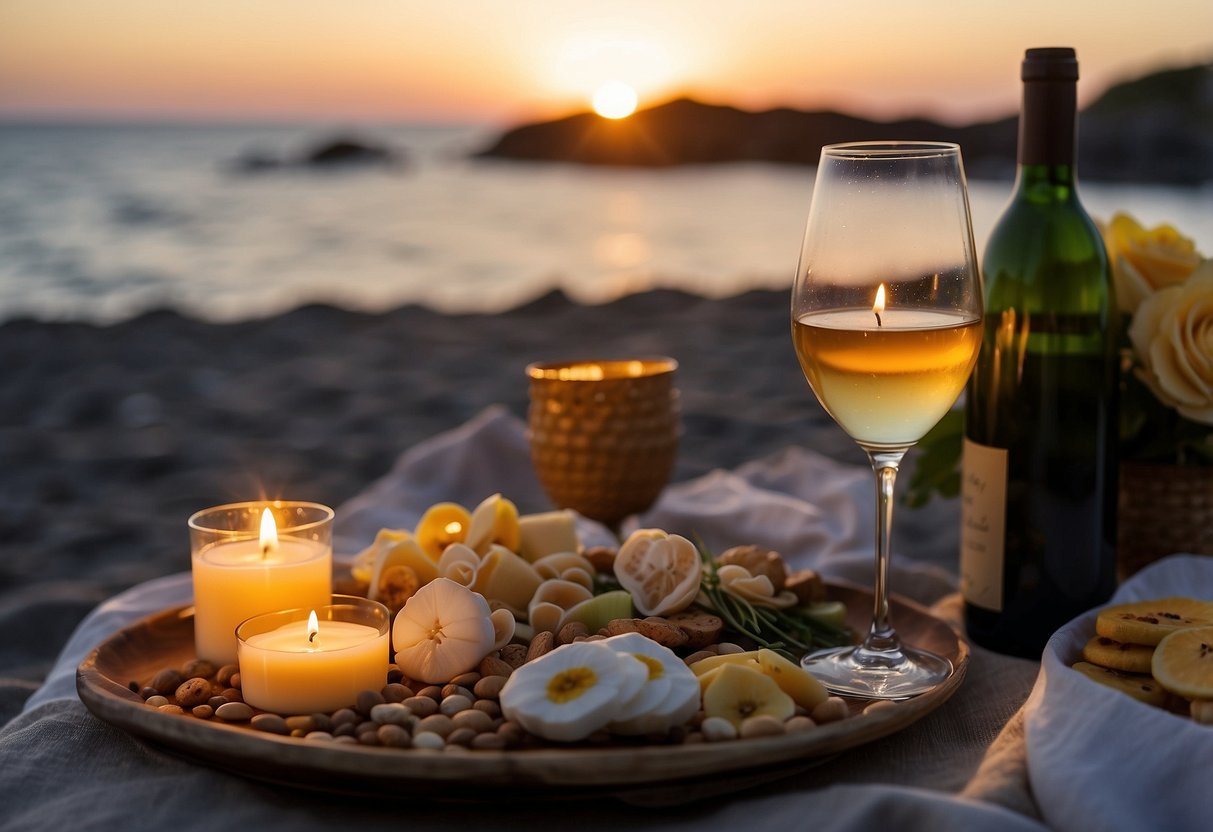 A secluded beach with a spread of gourmet food and wine, surrounded by candles and flowers, with a beautiful sunset in the background