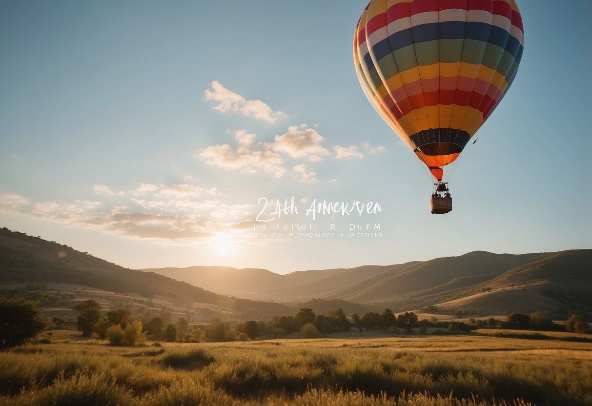 A colorful hot air balloon floats above a serene landscape, with a couple's names and "24th anniversary" written on the side