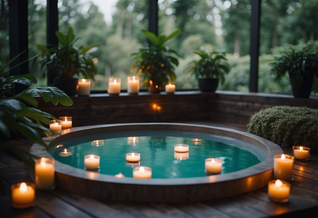 A serene spa with candles, soft music, and bubbling hot tubs, surrounded by lush greenery and elegant décor