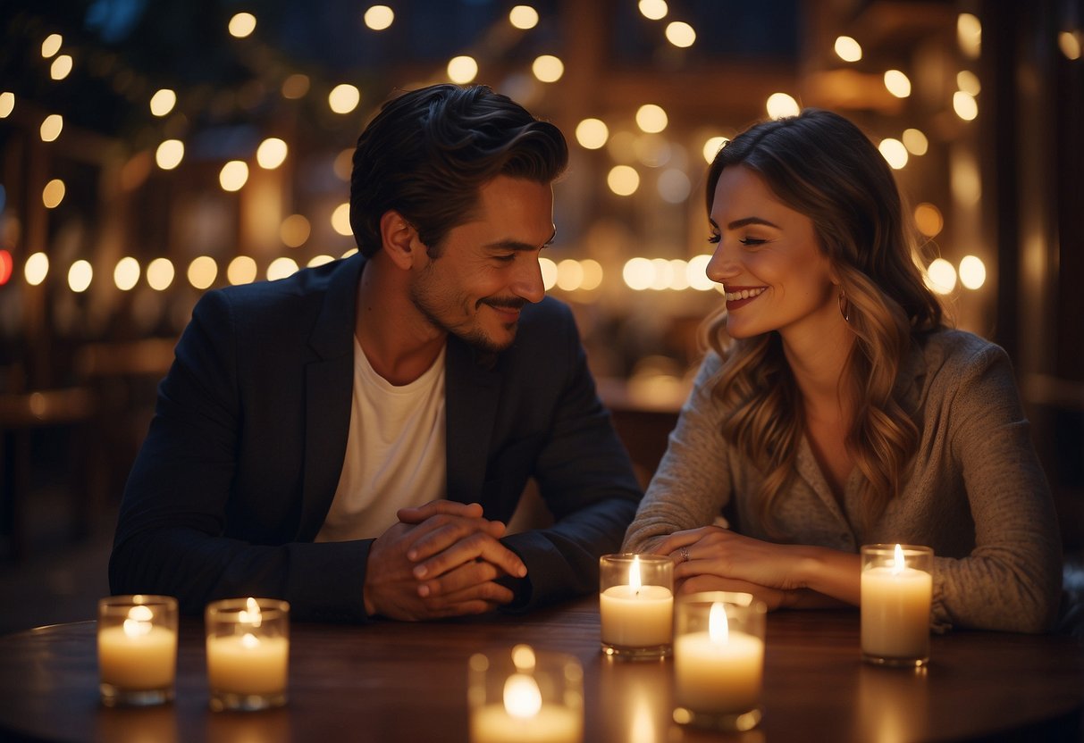 A couple sits at a candlelit table, surrounded by framed photos of their journey together. A musician plays a custom song, capturing their love story in melody