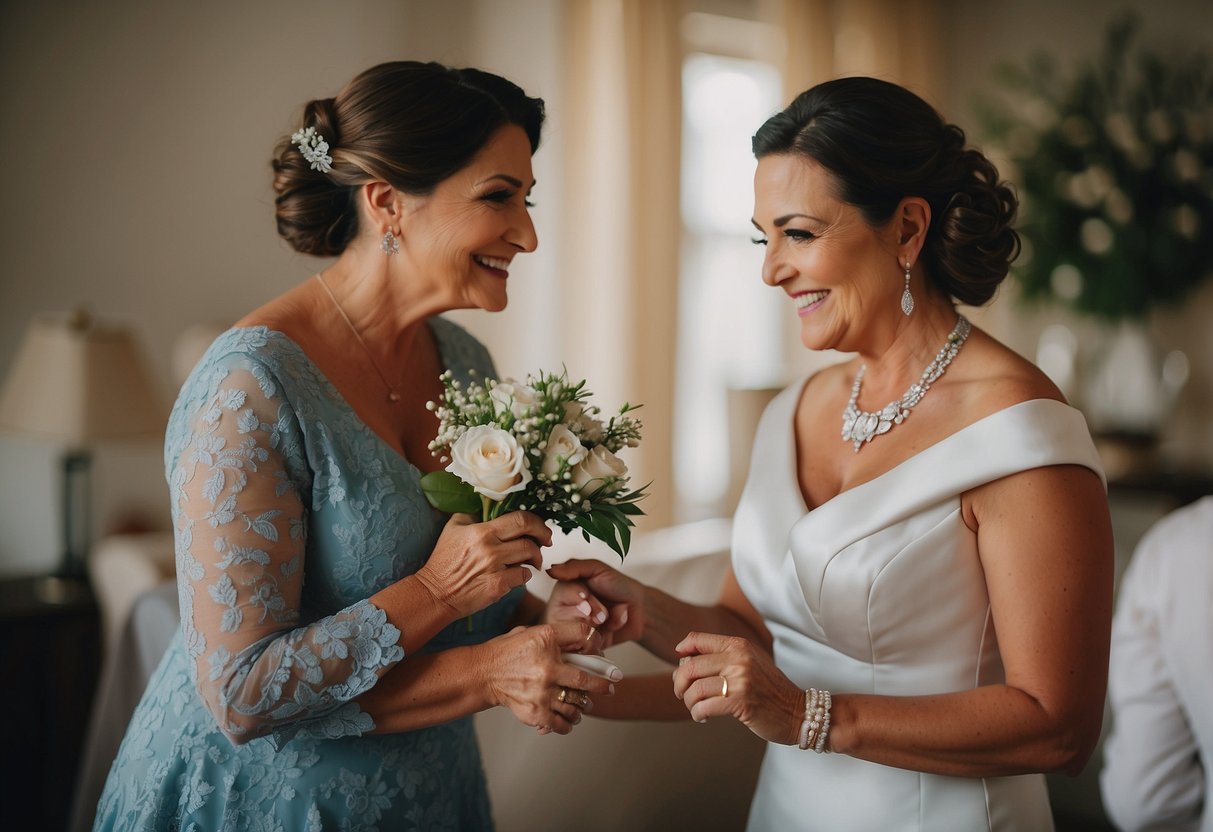 The mother of the groom prepares alongside the bride