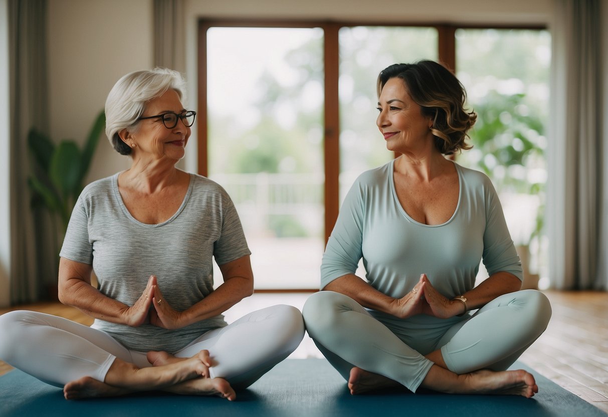 The groom's mother and the bride practice gentle morning yoga together