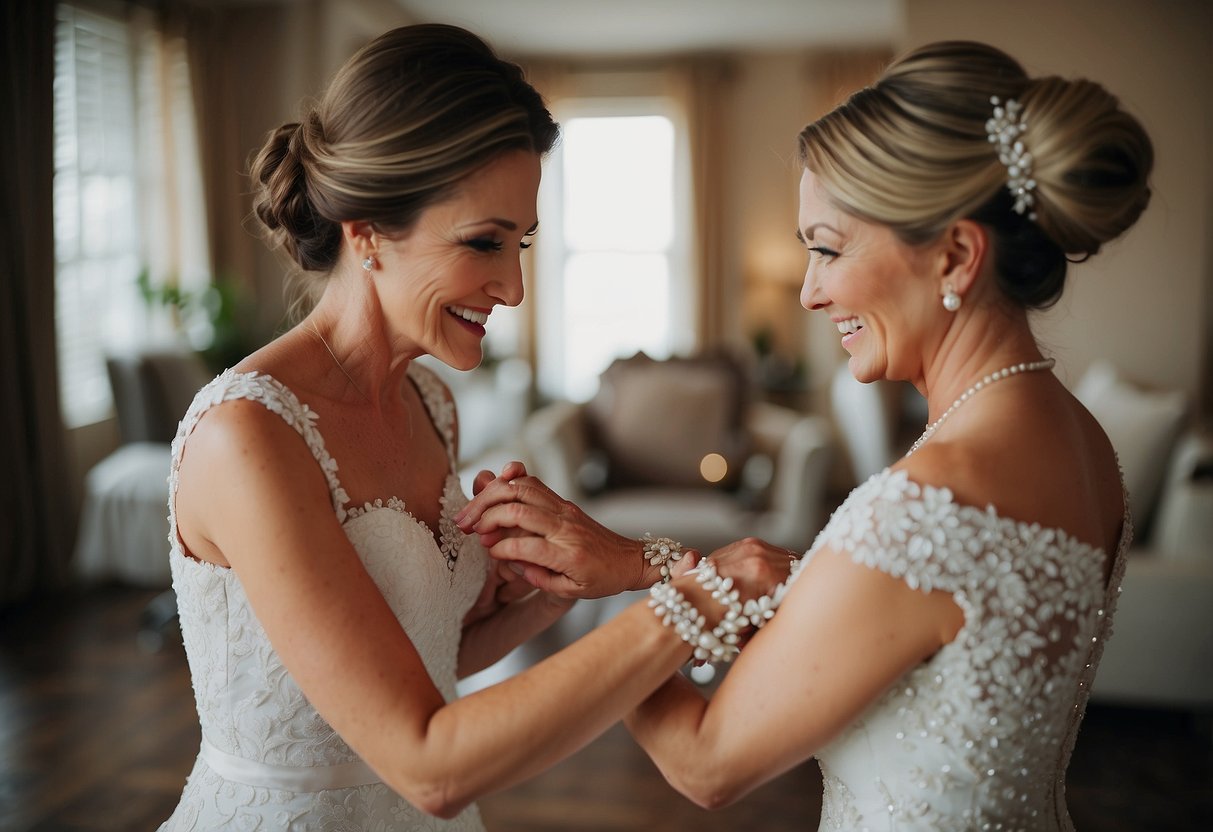 The groom's mother helps the bride with last-minute details