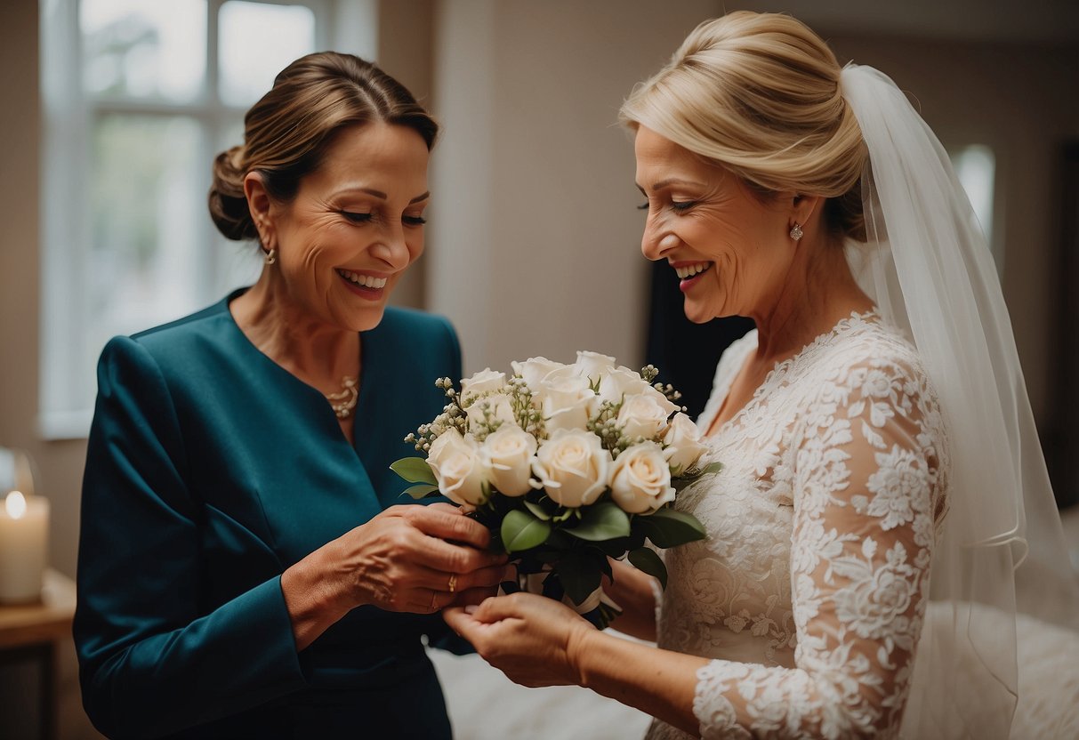 The groom's mother presents a heartfelt gift to the bride as they get ready together for the wedding