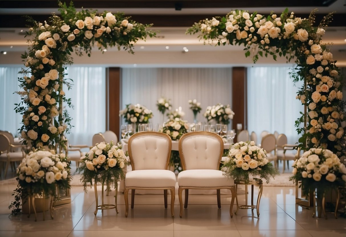 The bridal area is being set up with elegant chairs and mirrors. Accessories and flowers are placed around the room for the groom's mother and bride