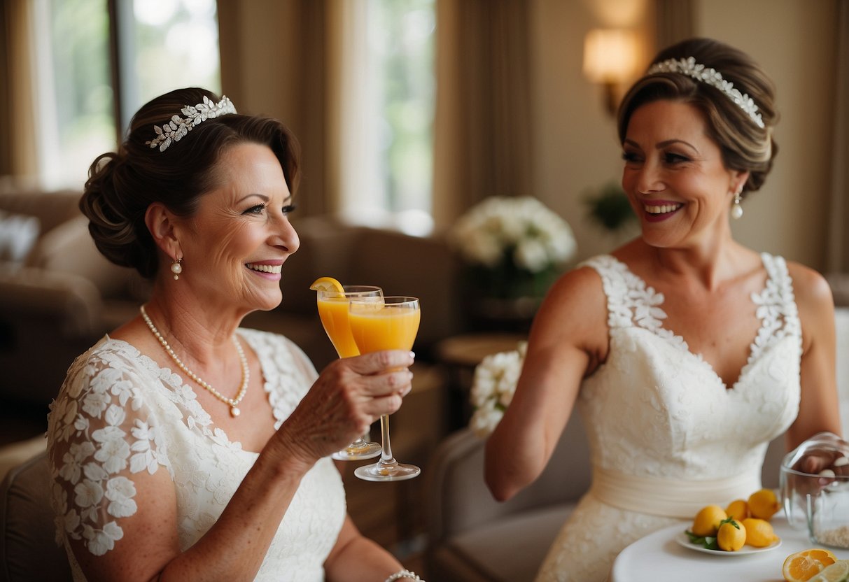 Groom's mother sips mimosas while helping bride get ready