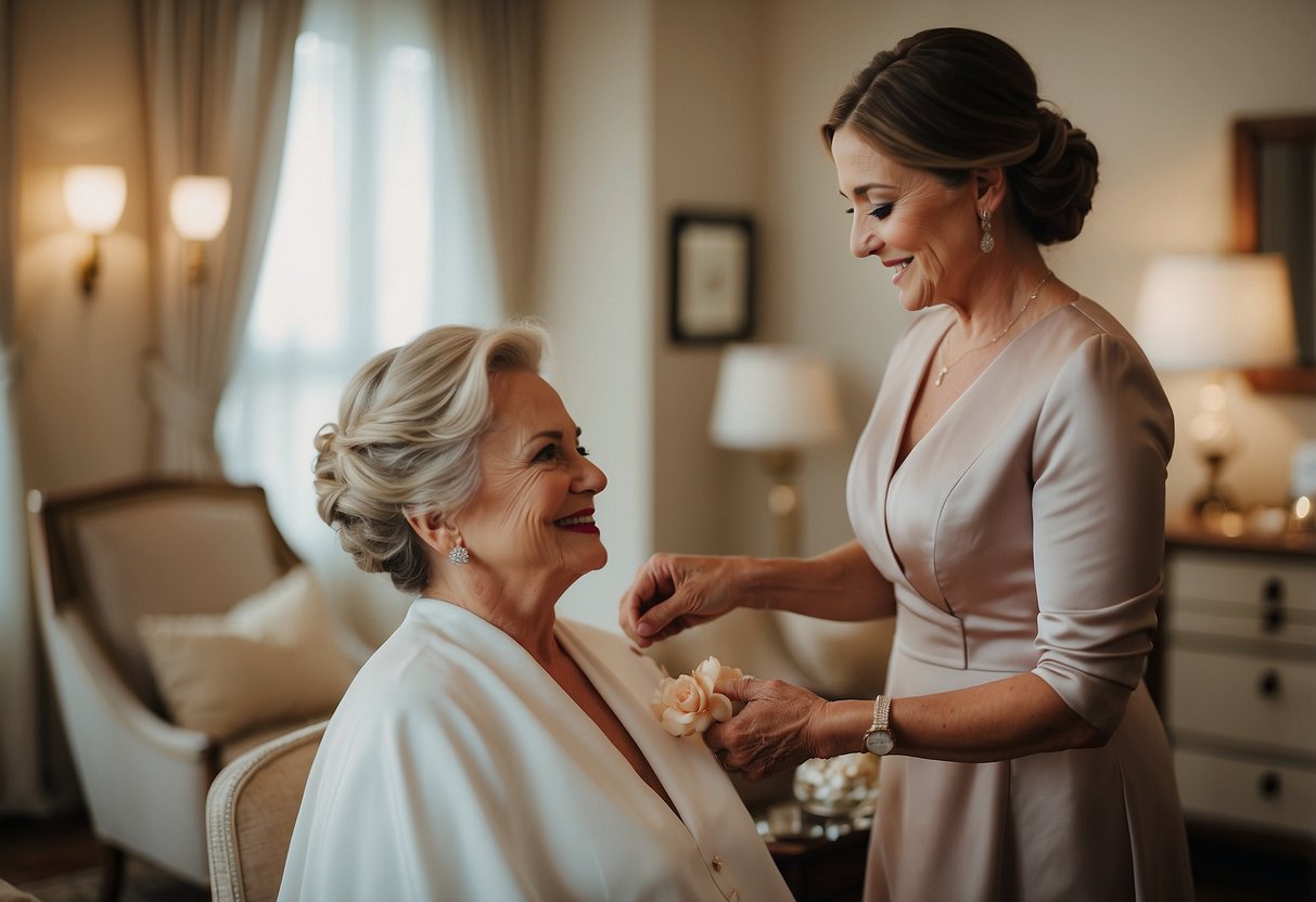 The groom's mother helps the bride get ready for the wedding