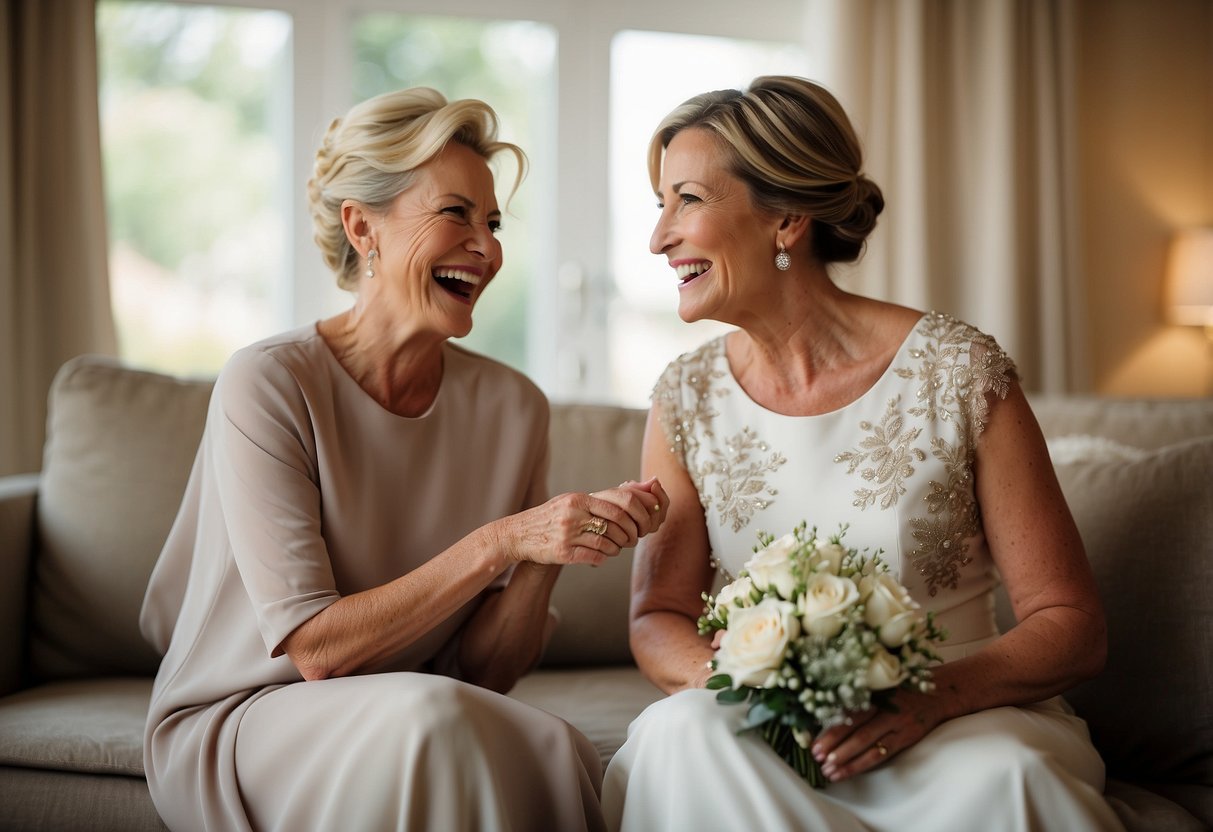 The bride and groom's mother prepare together, sharing laughter and anticipation in a cozy, well-lit room