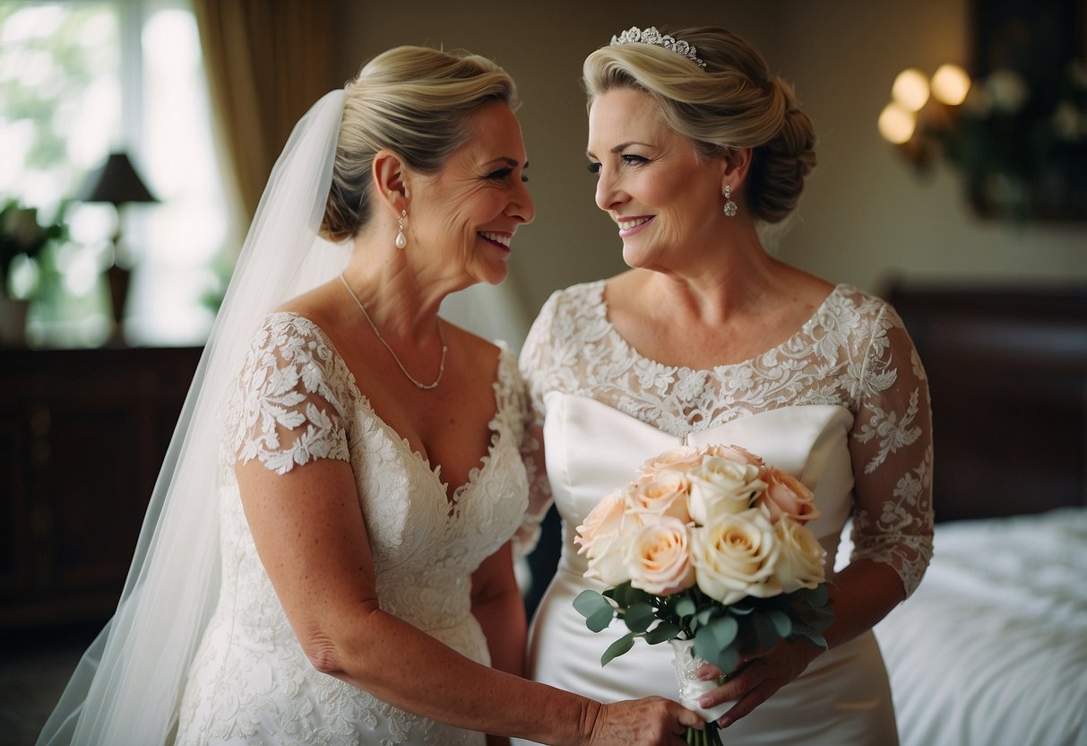 The bride and groom's mothers discuss getting ready together for the wedding