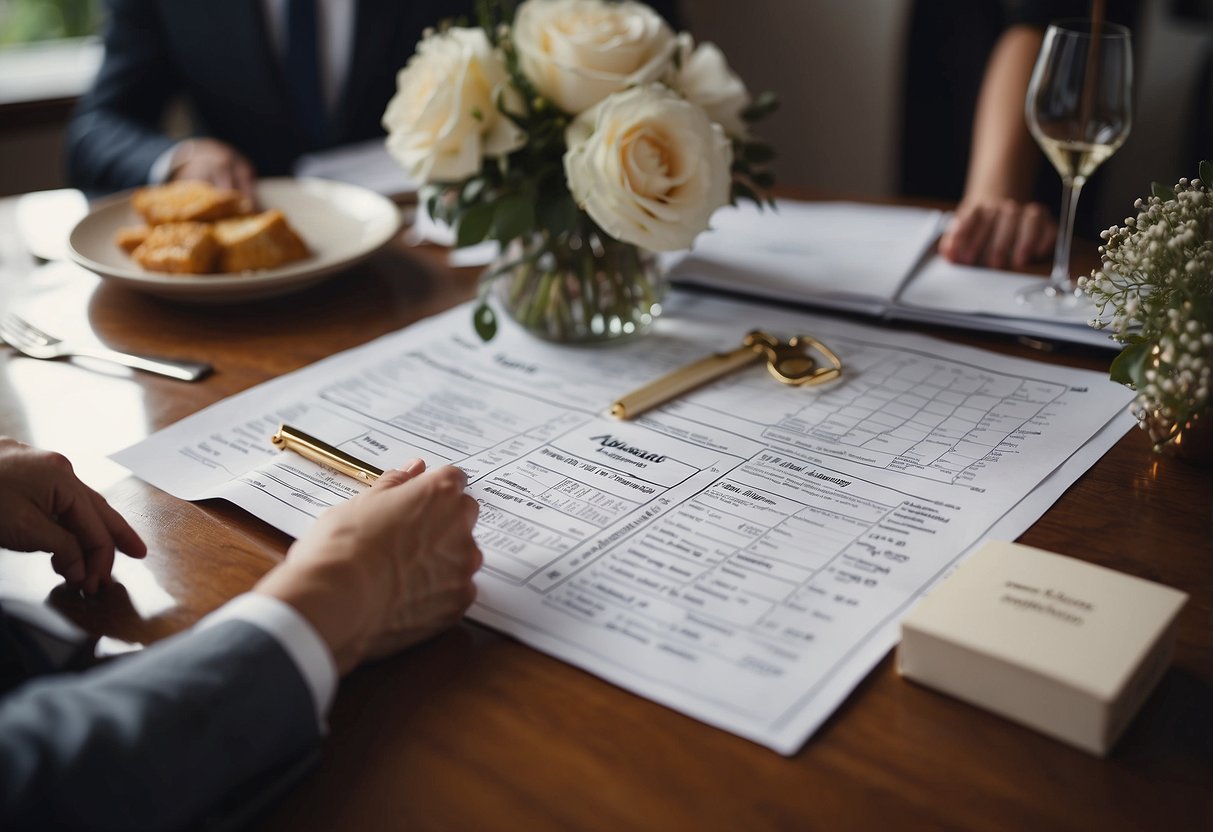 A table with wedding expense categories and a couple discussing and dividing the costs