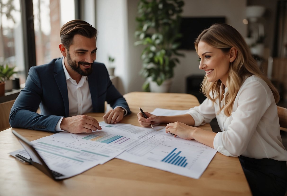 A couple sits at a table, dividing wedding expenses on a budget spreadsheet. They point and discuss various costs, showing teamwork and decision-making