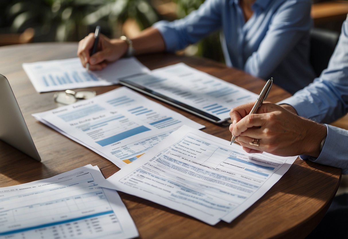 A couple sits at a table with a spreadsheet, discussing how to divide wedding expenses. They gesture and point to different sections of the budget