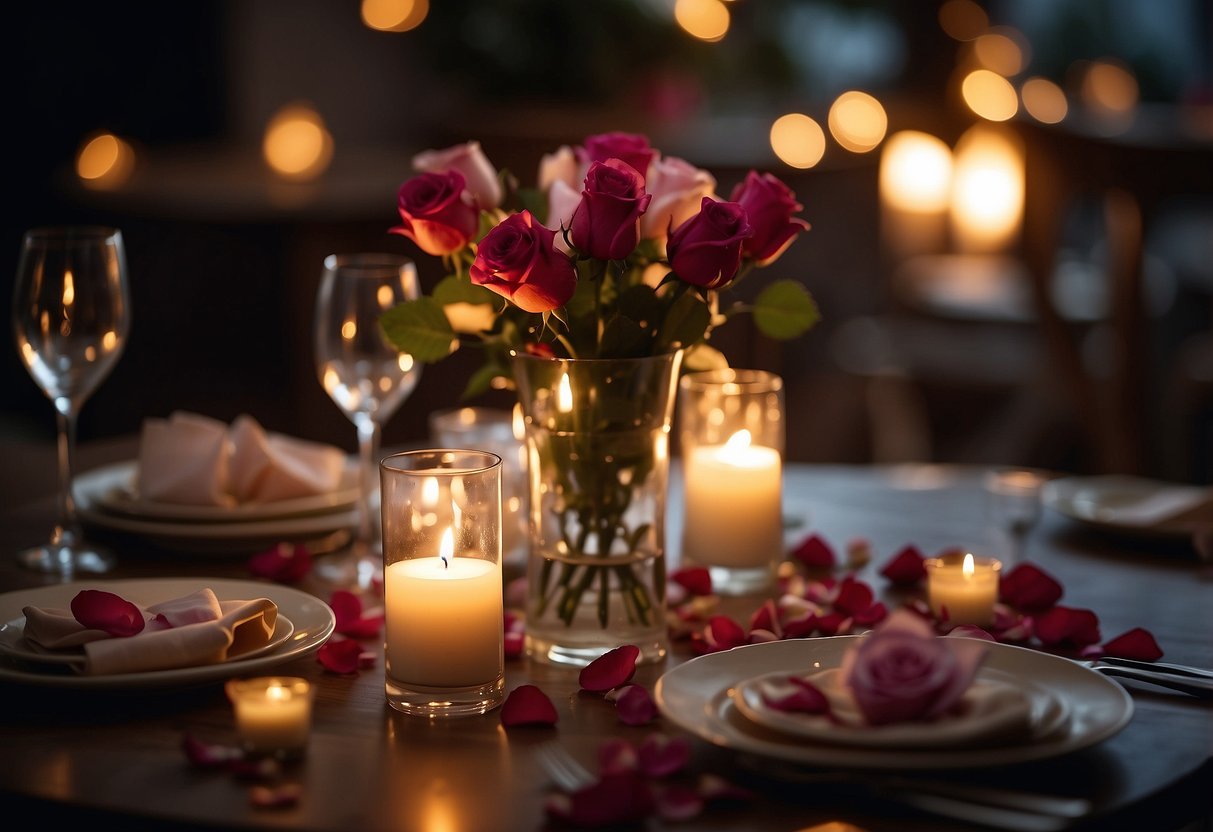 A candlelit dinner with rose petals scattered on the table and soft music playing in the background