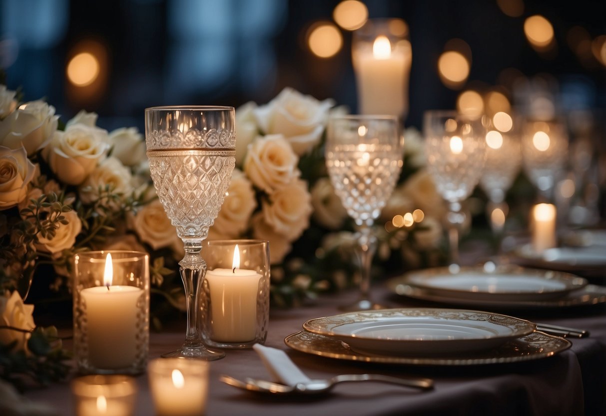 A candlelit table set with fine china and crystal glasses, surrounded by elegant decor and soft lighting, creating a luxurious and romantic atmosphere for a wedding anniversary dinner