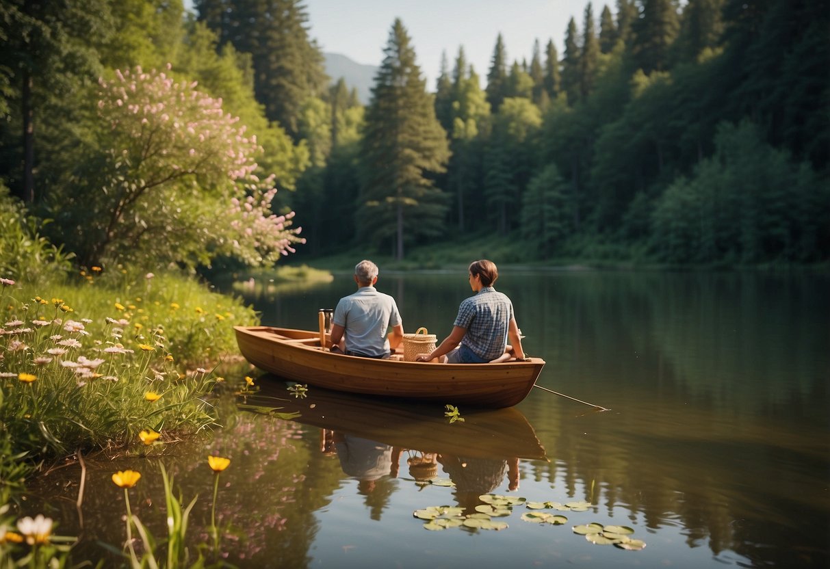 A couple enjoys a picnic by a tranquil lake, surrounded by lush greenery and colorful wildflowers. A small rowboat sits at the water's edge, ready for a leisurely paddle