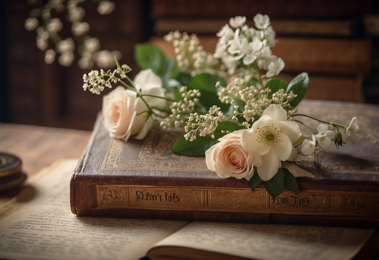 A couple's names inscribed on a vintage book cover, surrounded by delicate flowers and hearts, symbolizing their unique love story