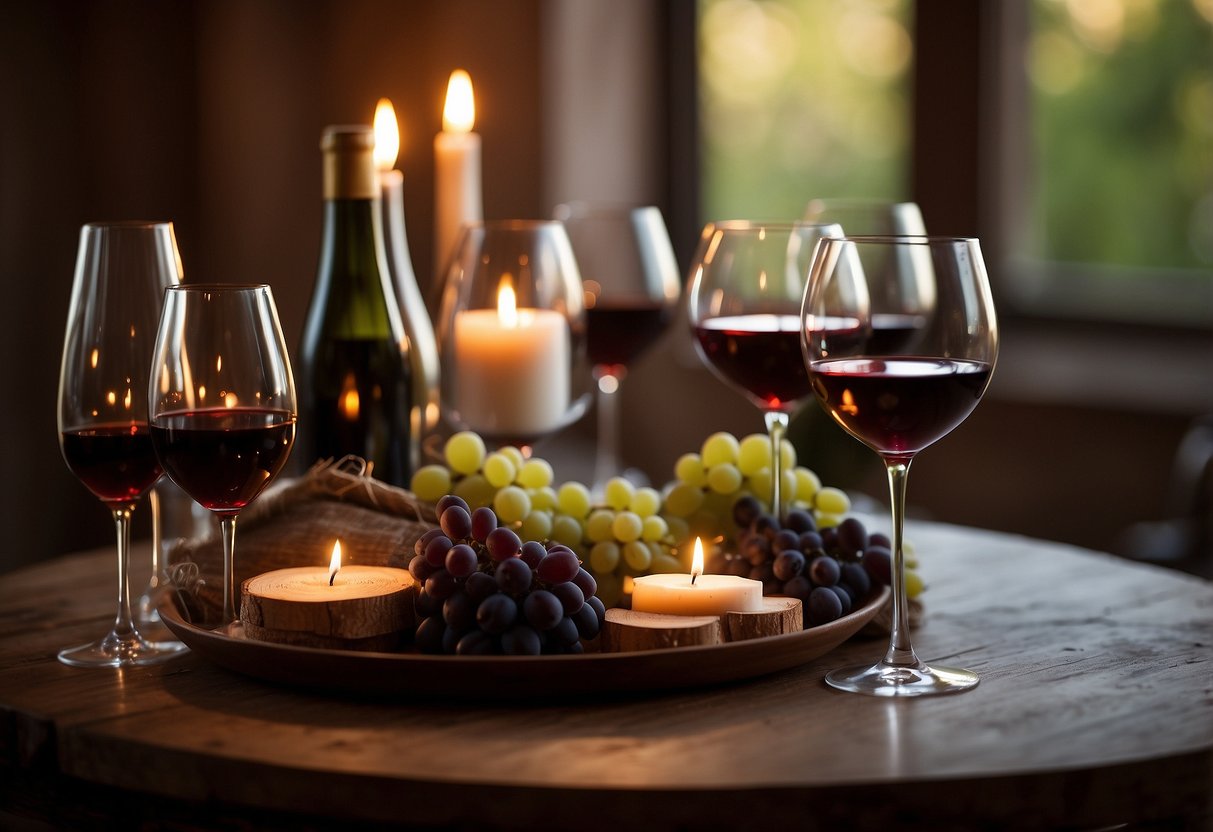 A cozy table set with wine glasses, candles, and a selection of fine wines. Soft lighting and a rustic backdrop create a romantic atmosphere for a private wine tasting experience