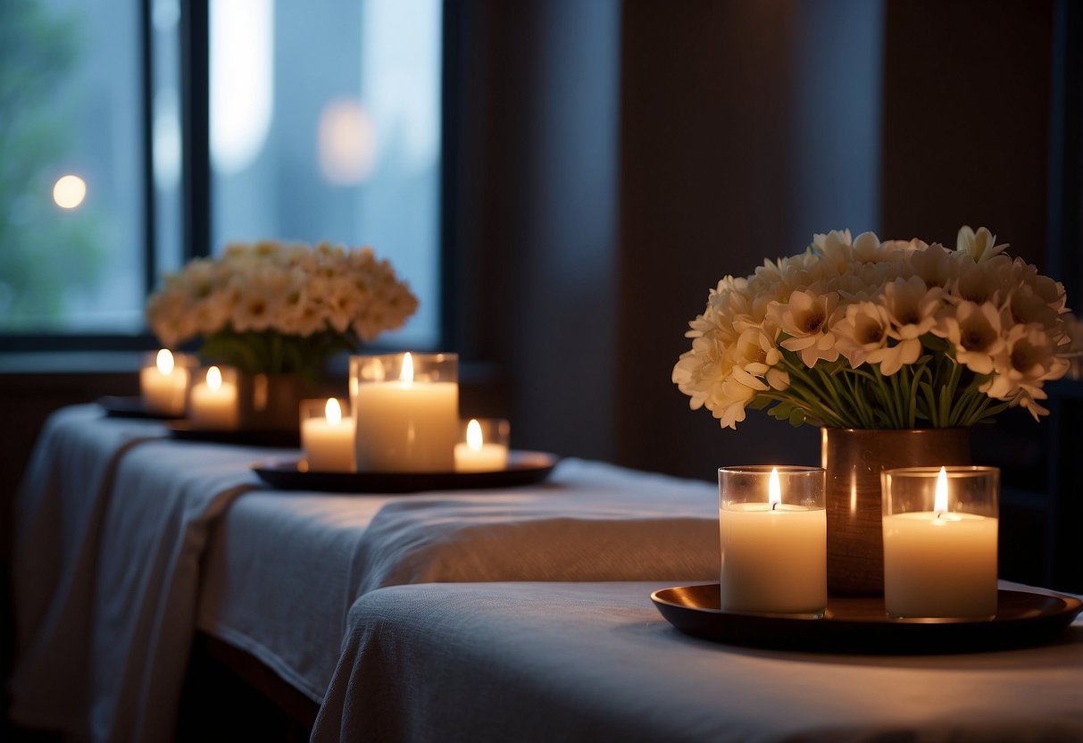 Two massage tables side by side in a dimly lit room with soft music playing, candles flickering, and a vase of fresh flowers