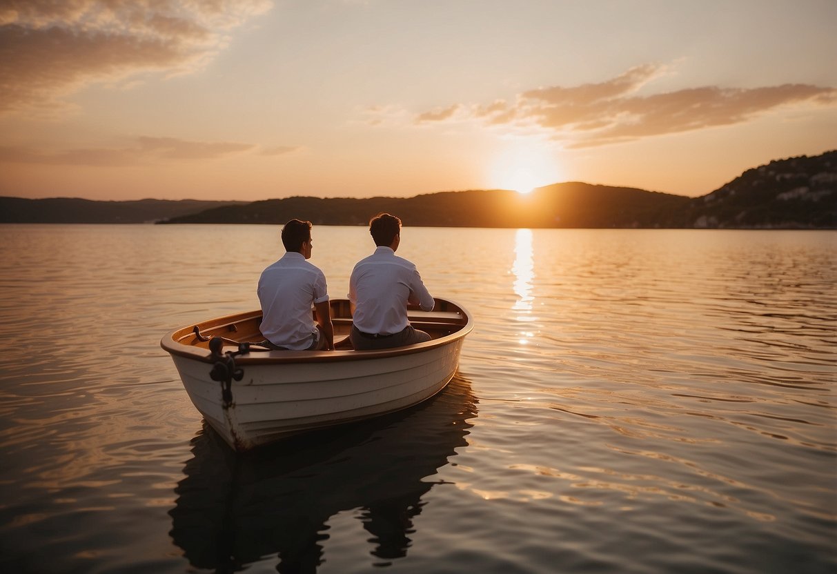 A boat glides on calm waters at sunset, with warm hues painting the sky. The couple sits close, sharing an intimate moment as they celebrate their wedding anniversary