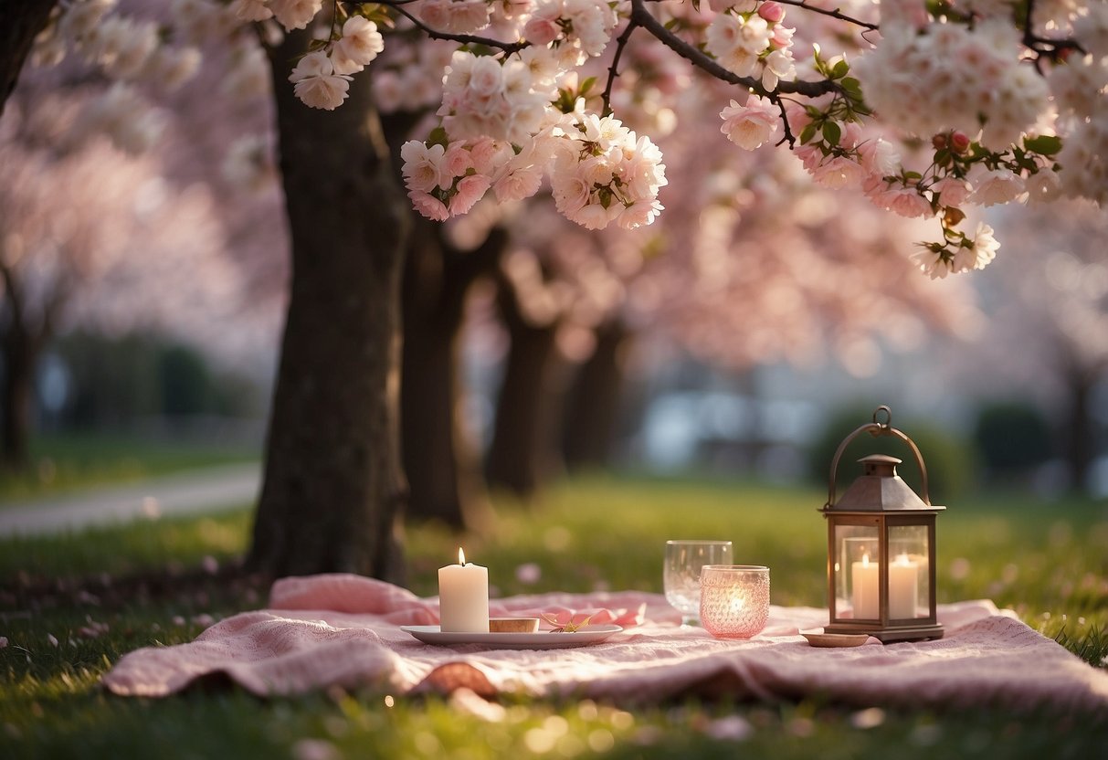 A cozy picnic blanket under a blooming cherry blossom tree, with scattered rose petals and flickering candles