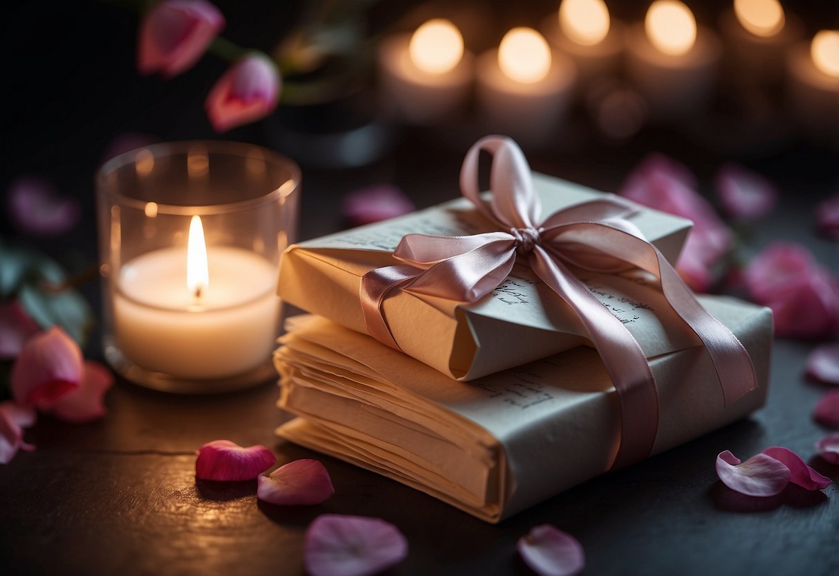 A stack of handwritten love letters tied with a ribbon, surrounded by scattered rose petals and lit by the soft glow of candlelight