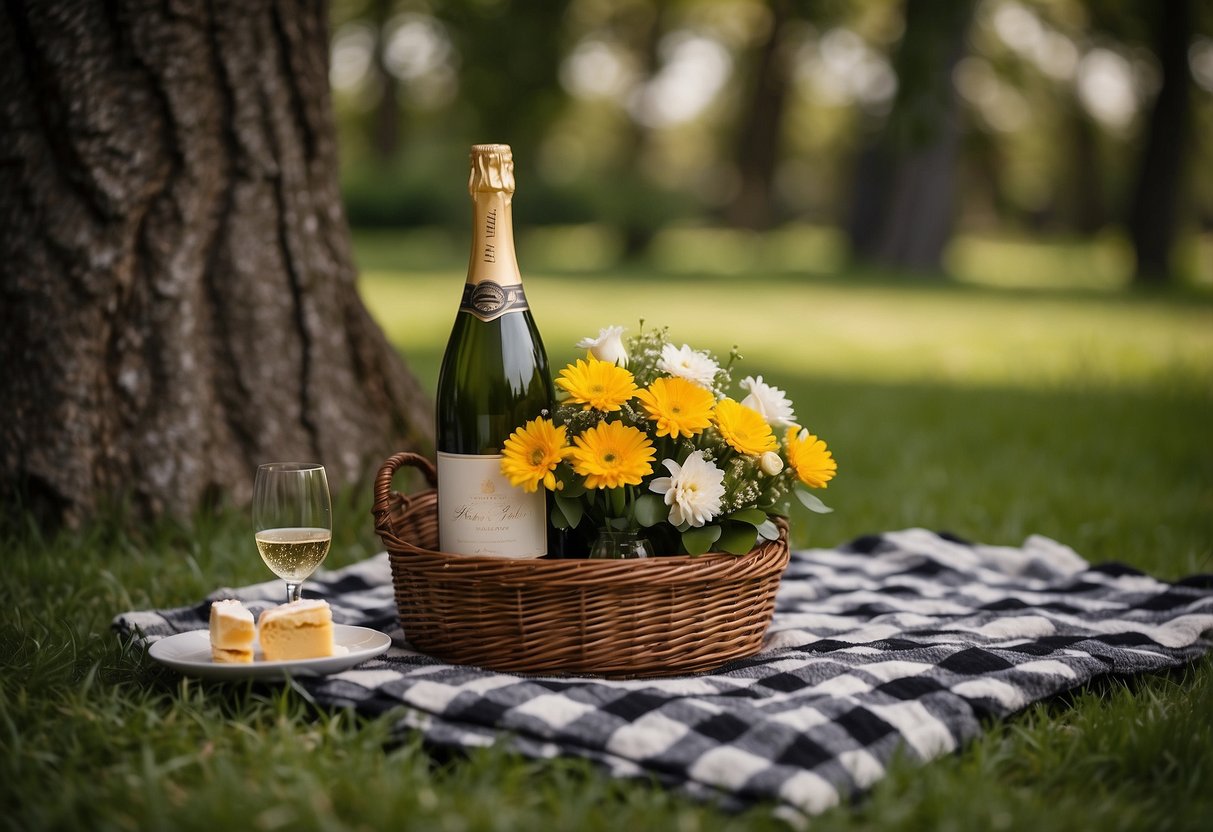 A checkered blanket spread out on lush green grass, surrounded by blooming flowers and towering trees. A wicker basket filled with gourmet treats and a bottle of champagne