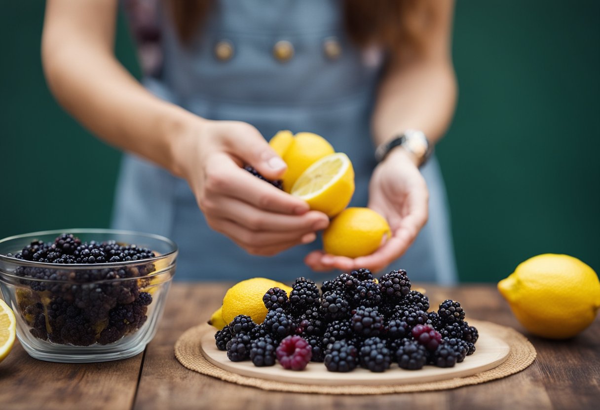 A hand picking fresh blackberries and lemons, with a bowl of crunchy crumble and a fruit cake recipe nearby