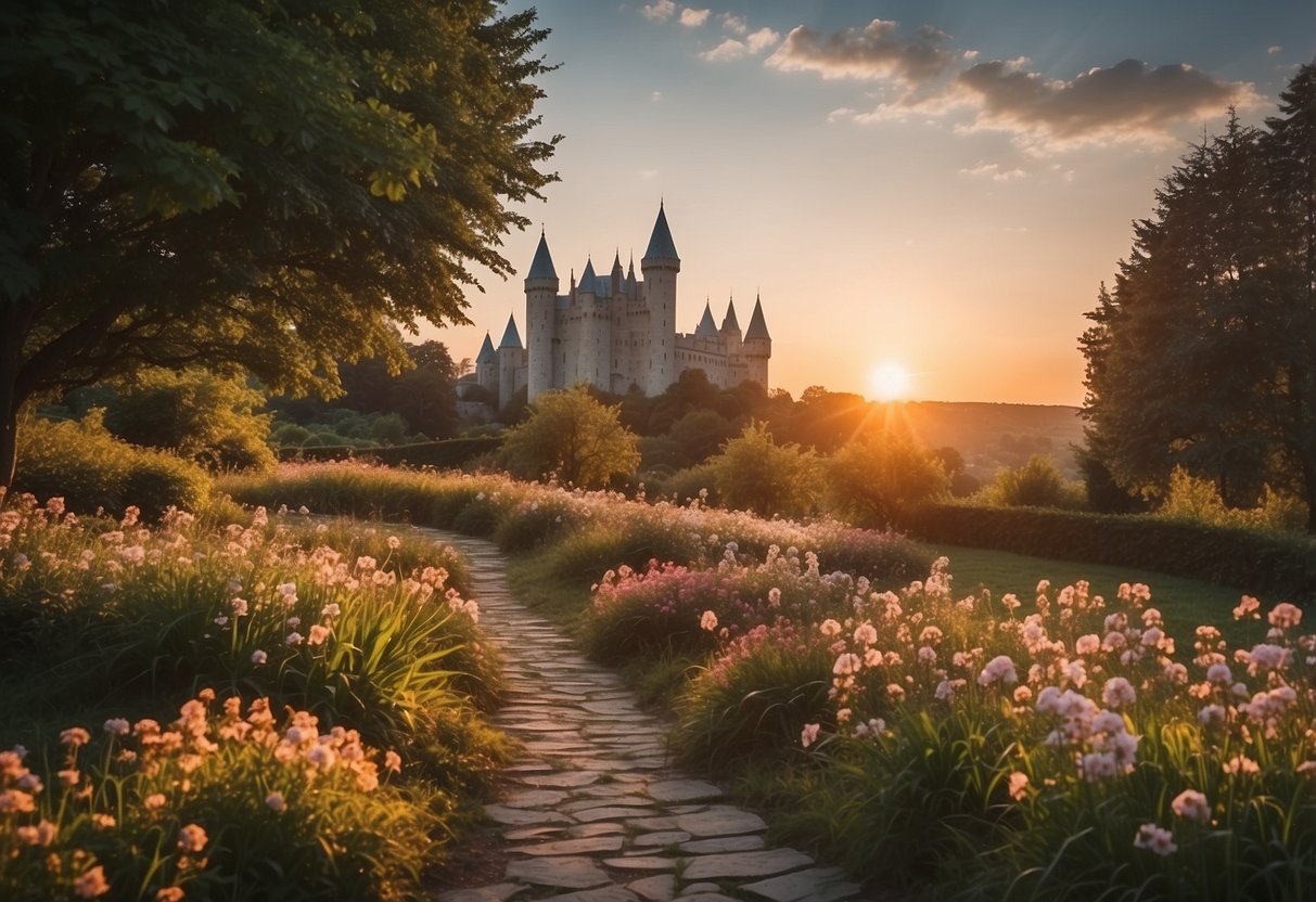 A romantic garden with blooming flowers, a majestic castle in the background, and a winding path leading towards the sunset