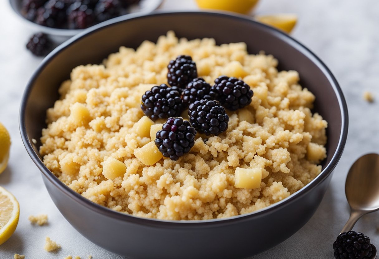 Mixing batter for blackberry and lemon cake, with crunchy crumble topping. Fruit cake recipe, easy to make