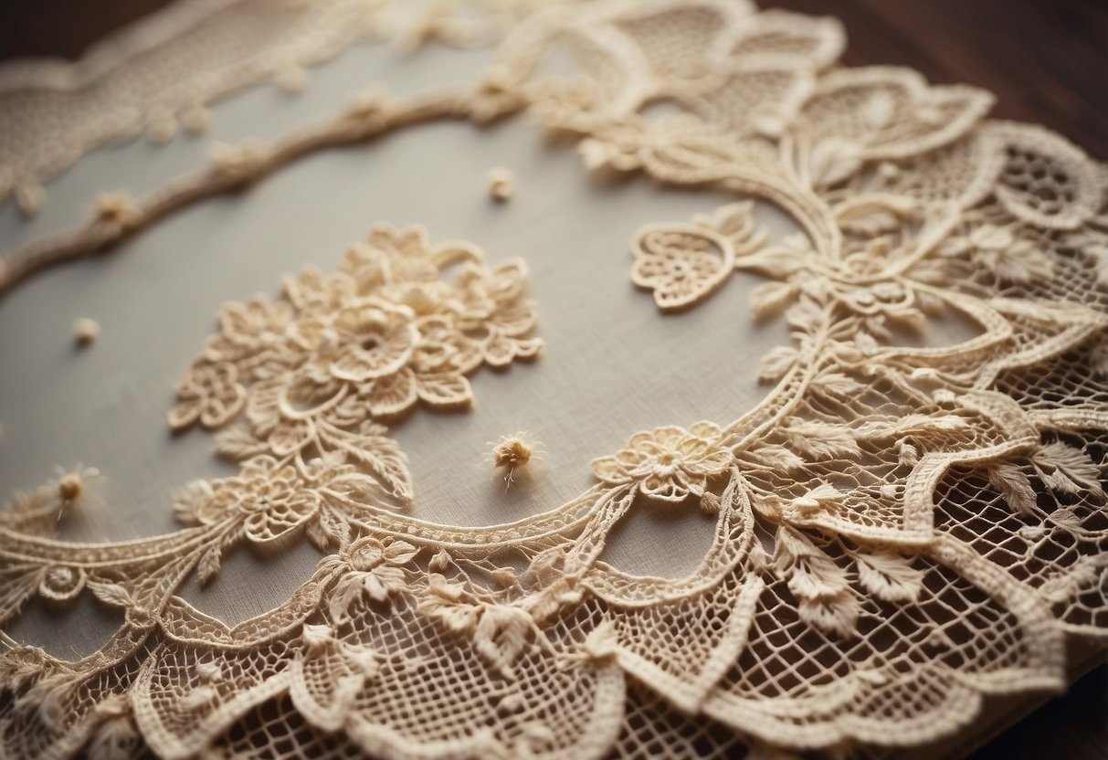 A delicate lace pattern adorns a vintage wedding album cover, with intricate details and soft, romantic hues