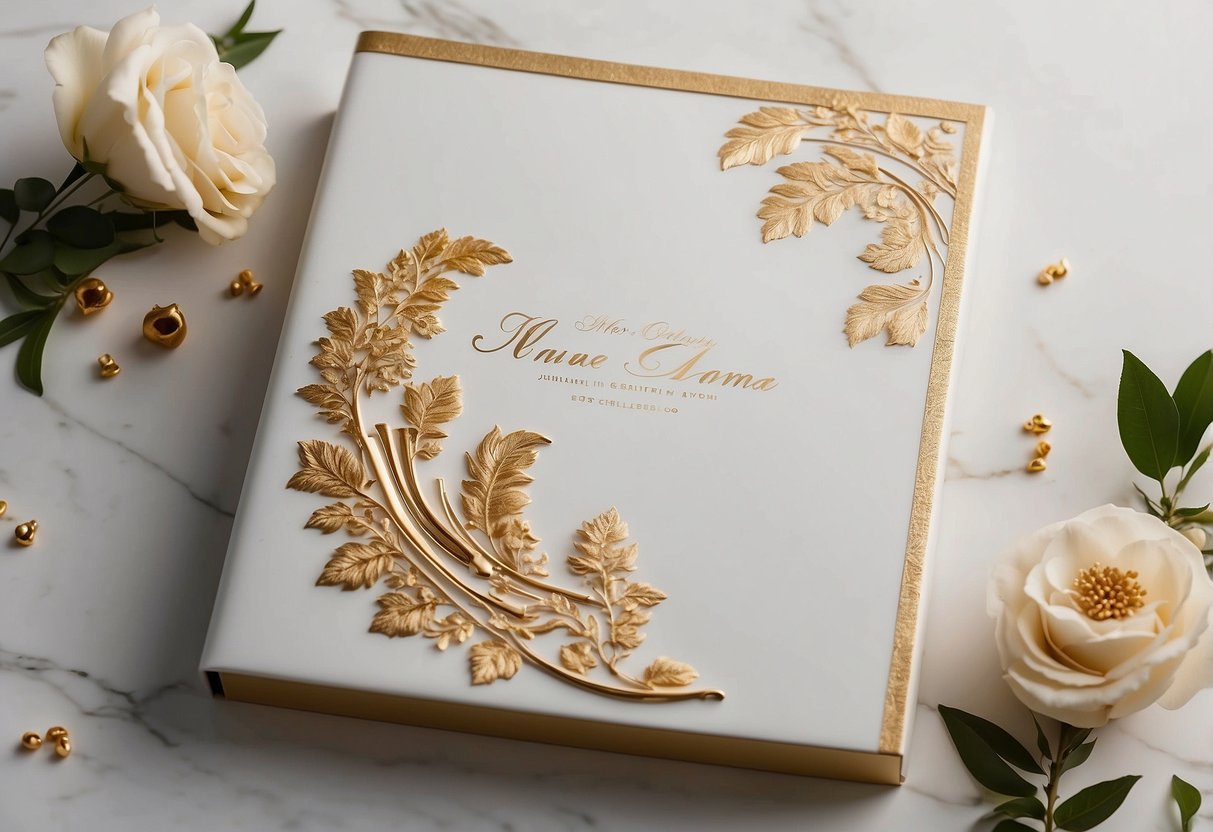 A luxurious monogram gleams in gold foil on a pristine white wedding album cover, surrounded by delicate floral accents