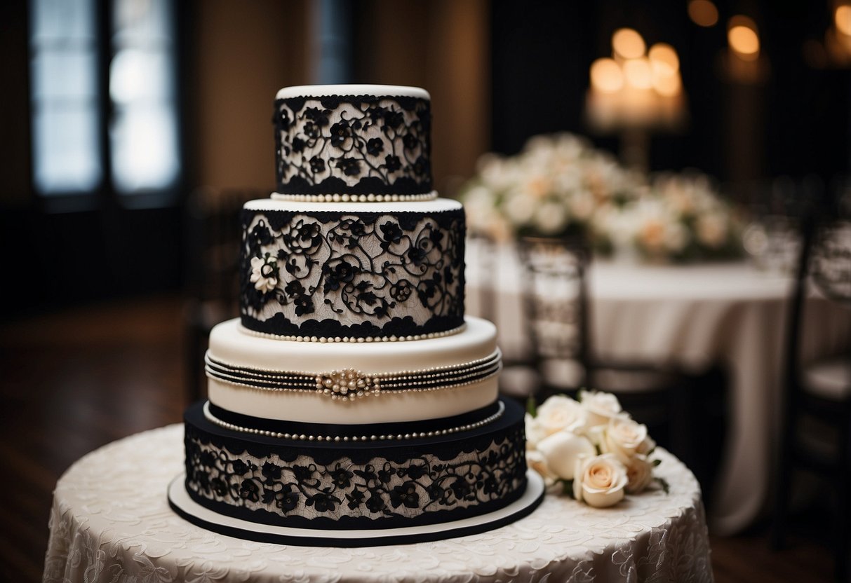 A elegant black and white wedding cake with intricate floral details, surrounded by vintage lace and pearls