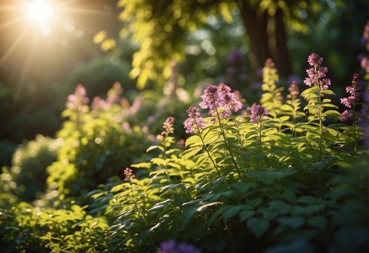 A lush garden with vibrant flowers and cascading foliage, set against a soft, dreamy backdrop. Sunlight filters through the leaves, casting a warm glow over the scene