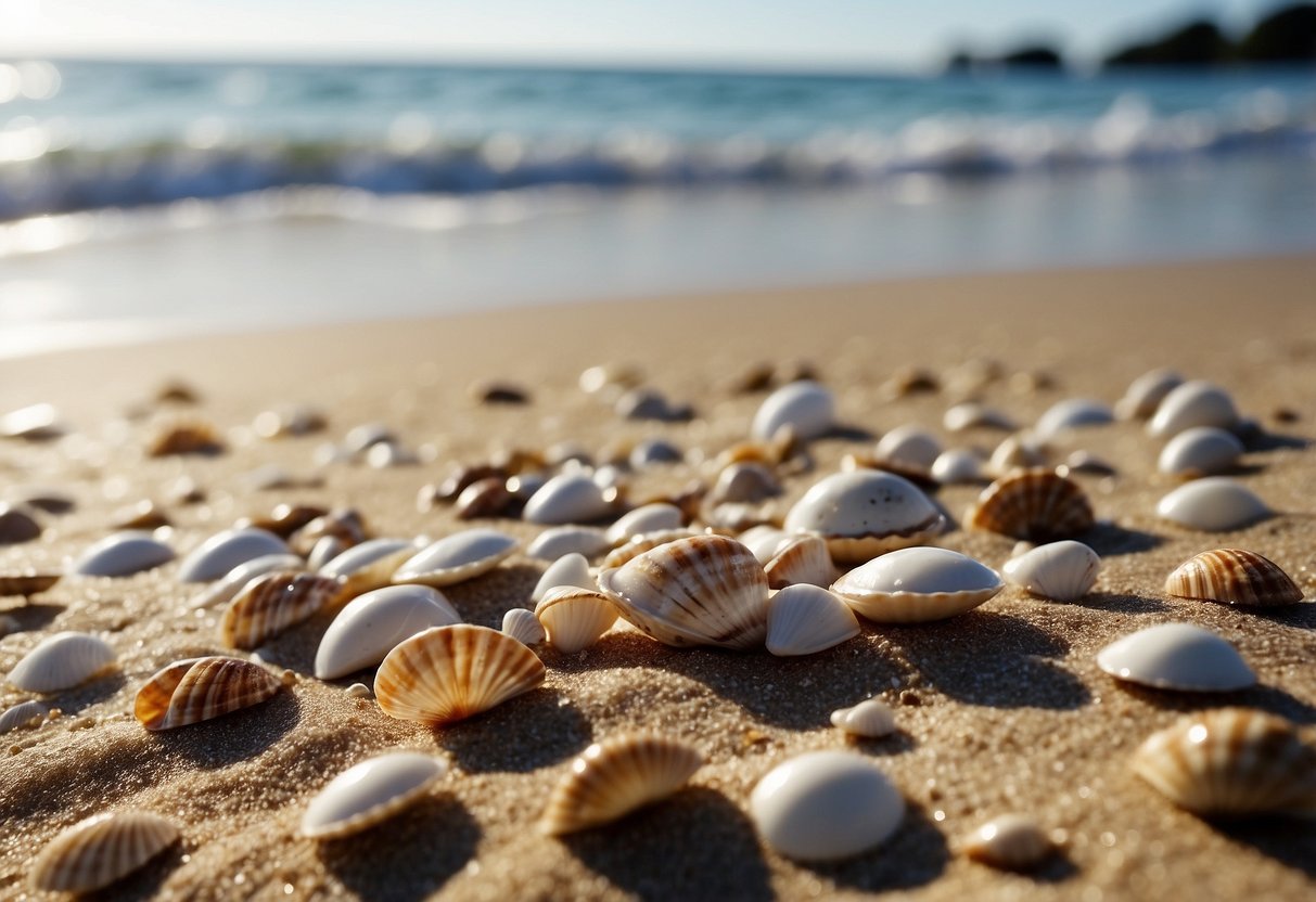 A sandy beach with scattered shells and waves crashing in the background