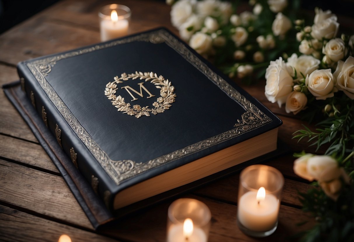 A leather bound wedding album with embossed initials on the cover sits on a rustic wooden table, surrounded by delicate flowers and soft candlelight