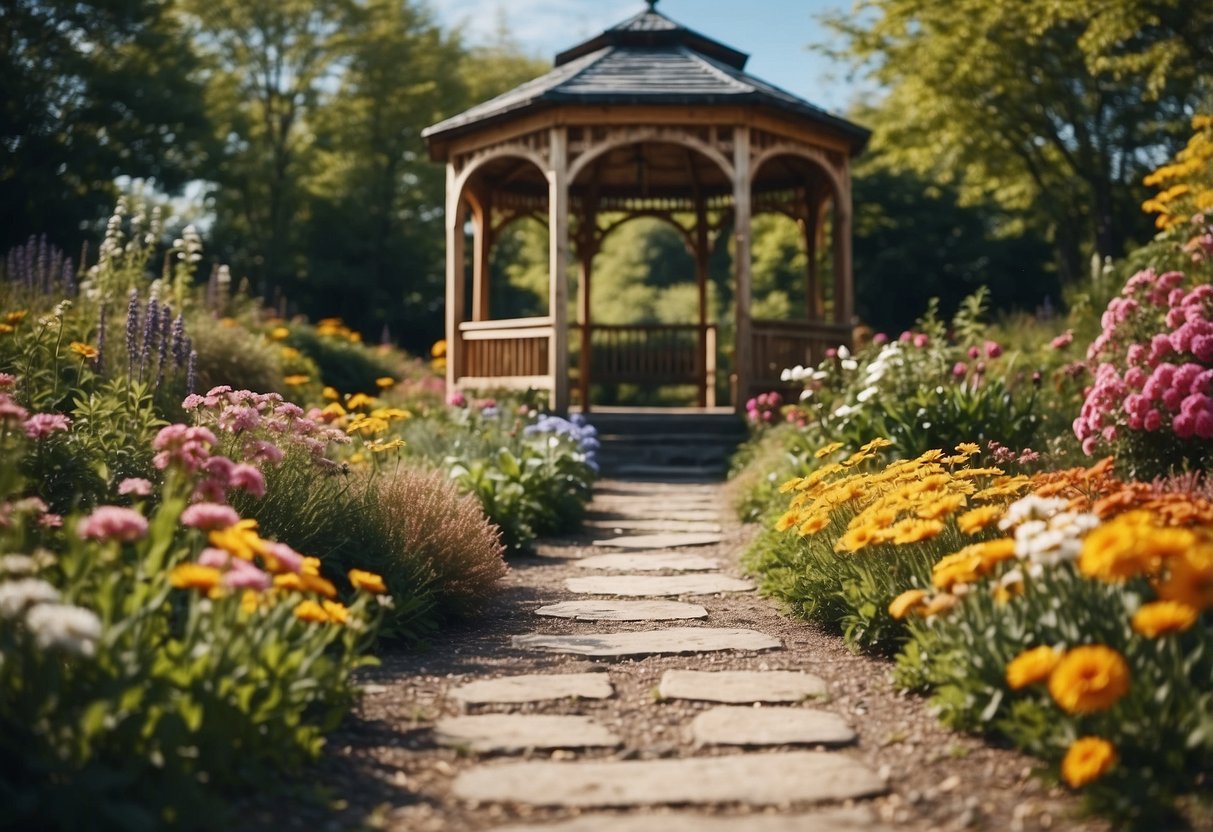 A colorful garden with blooming flowers, a winding path, and a charming gazebo under a bright blue sky