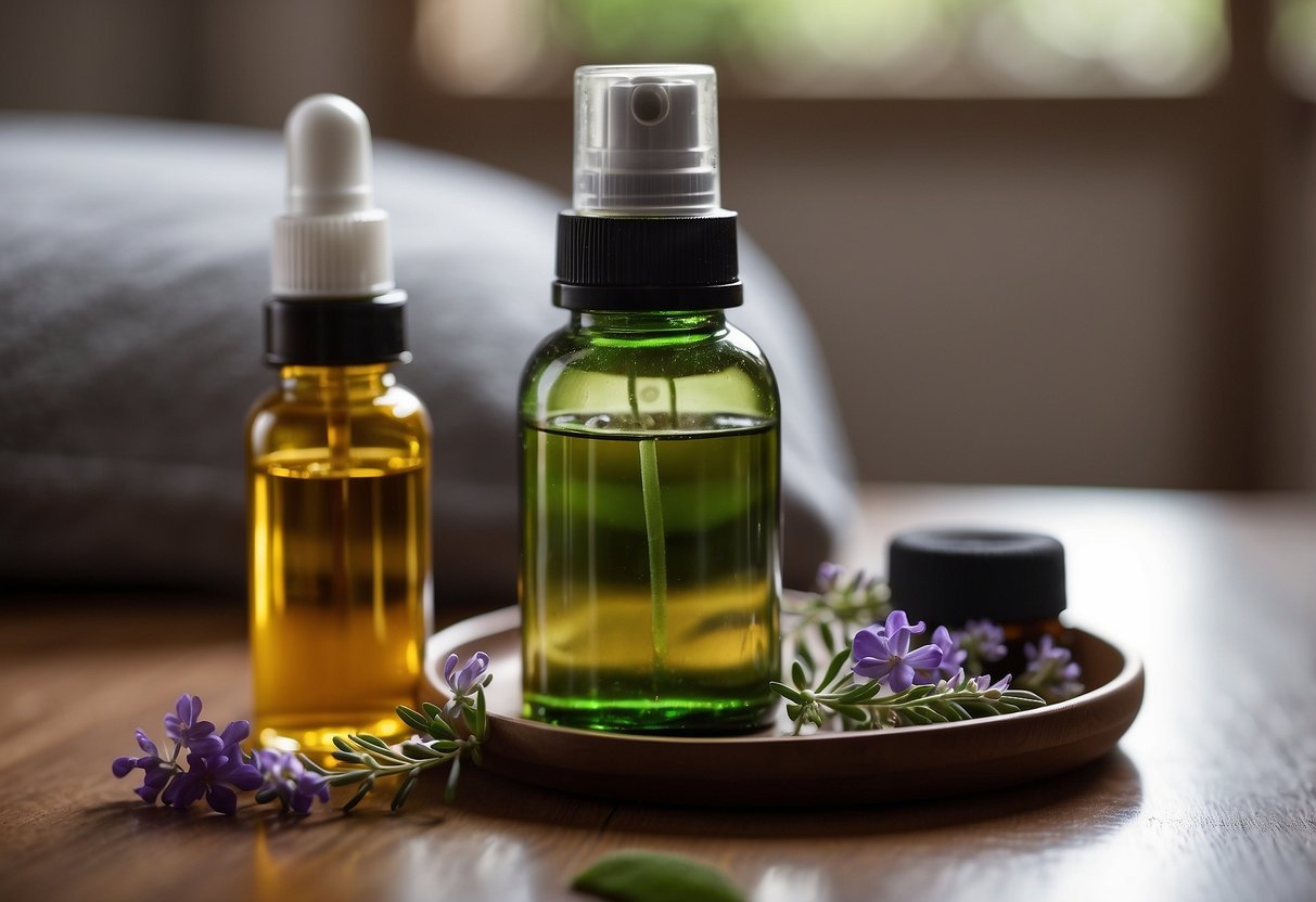 A glass bottle sits on a clean surface, surrounded by various essential oils and a small funnel. A gentle mist of calming essential oil spray floats in the air, ready to be sprayed onto a cozy dog bed