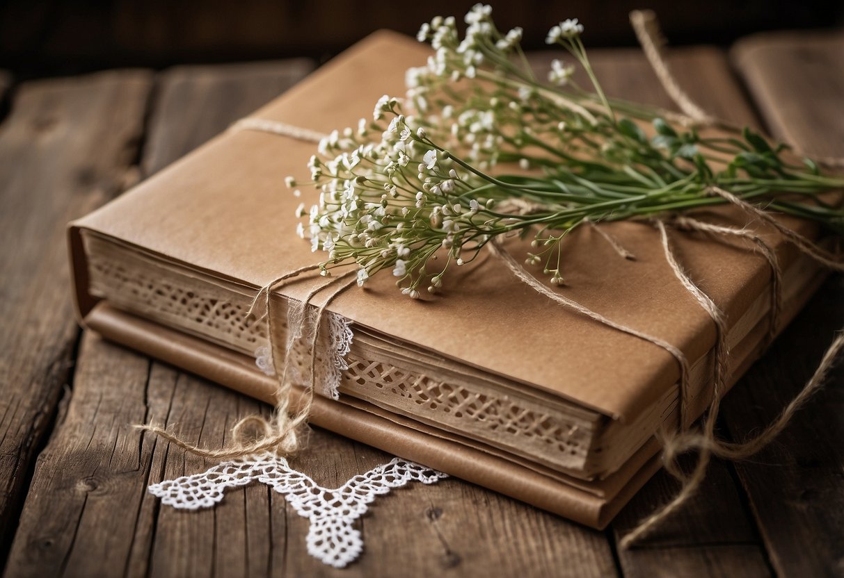 A rustic kraft paper wedding album with twine binding sits on a wooden table, surrounded by wildflowers and vintage lace