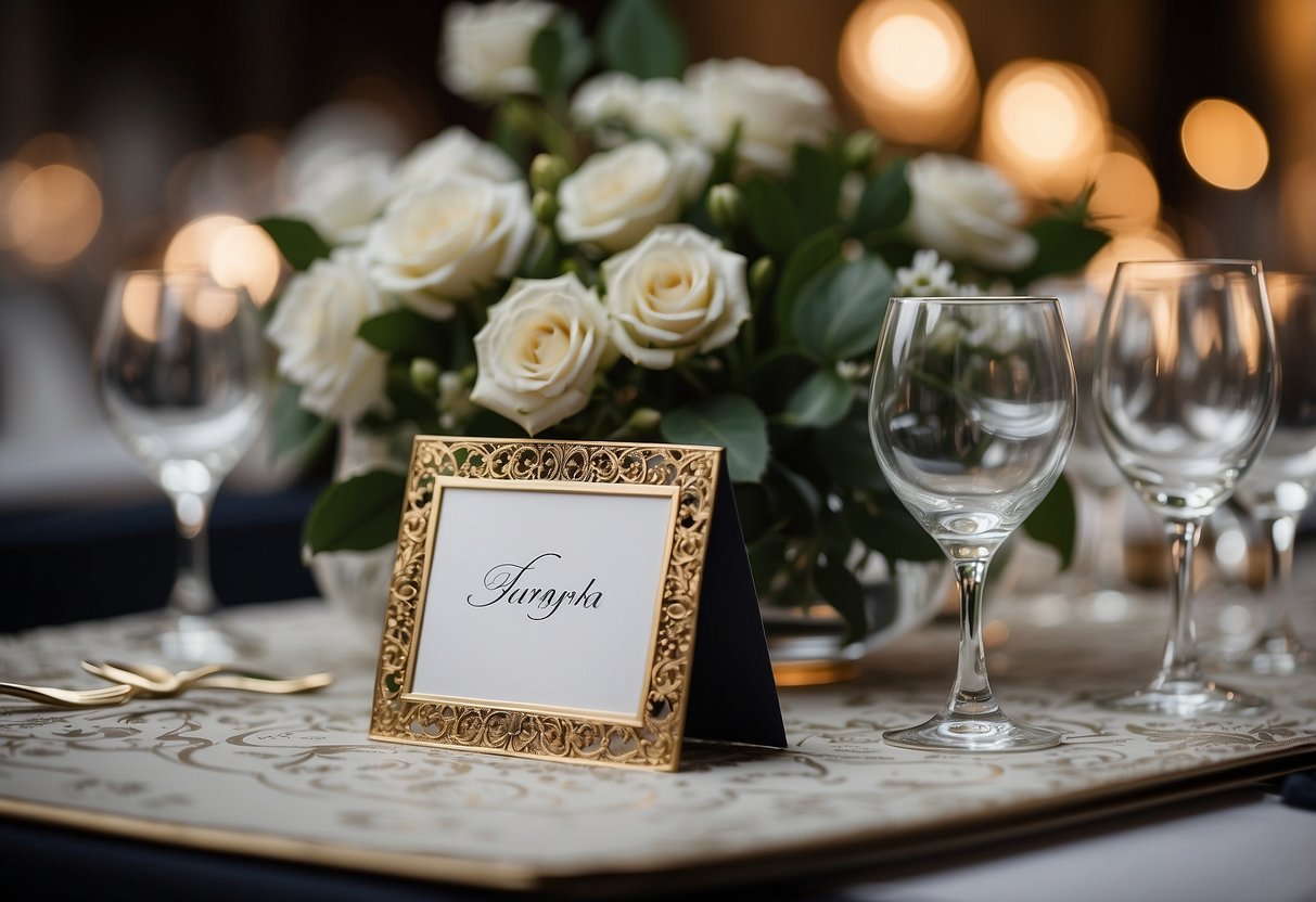 A table with elegant place cards arranged in a neat row, adorned with delicate calligraphy and small floral accents