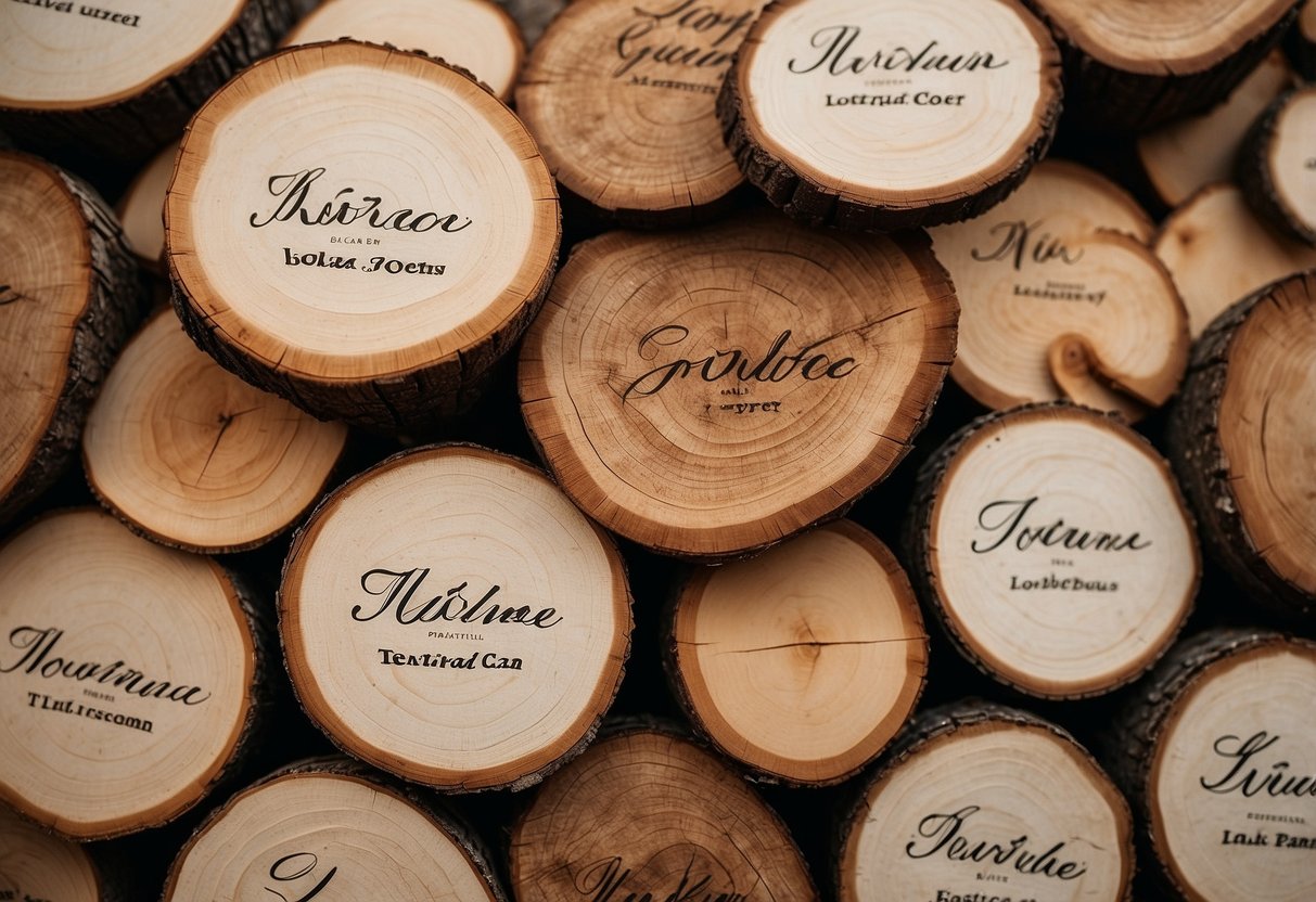 Rustic wood slices arranged with calligraphy place cards for a wedding