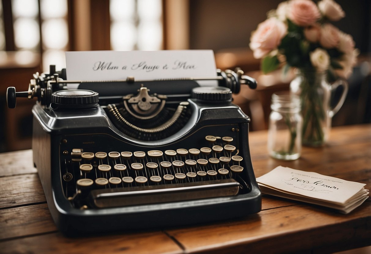 A vintage typewriter sits on a rustic wooden table, surrounded by tags with elegant calligraphy, each displaying a different wedding place card idea