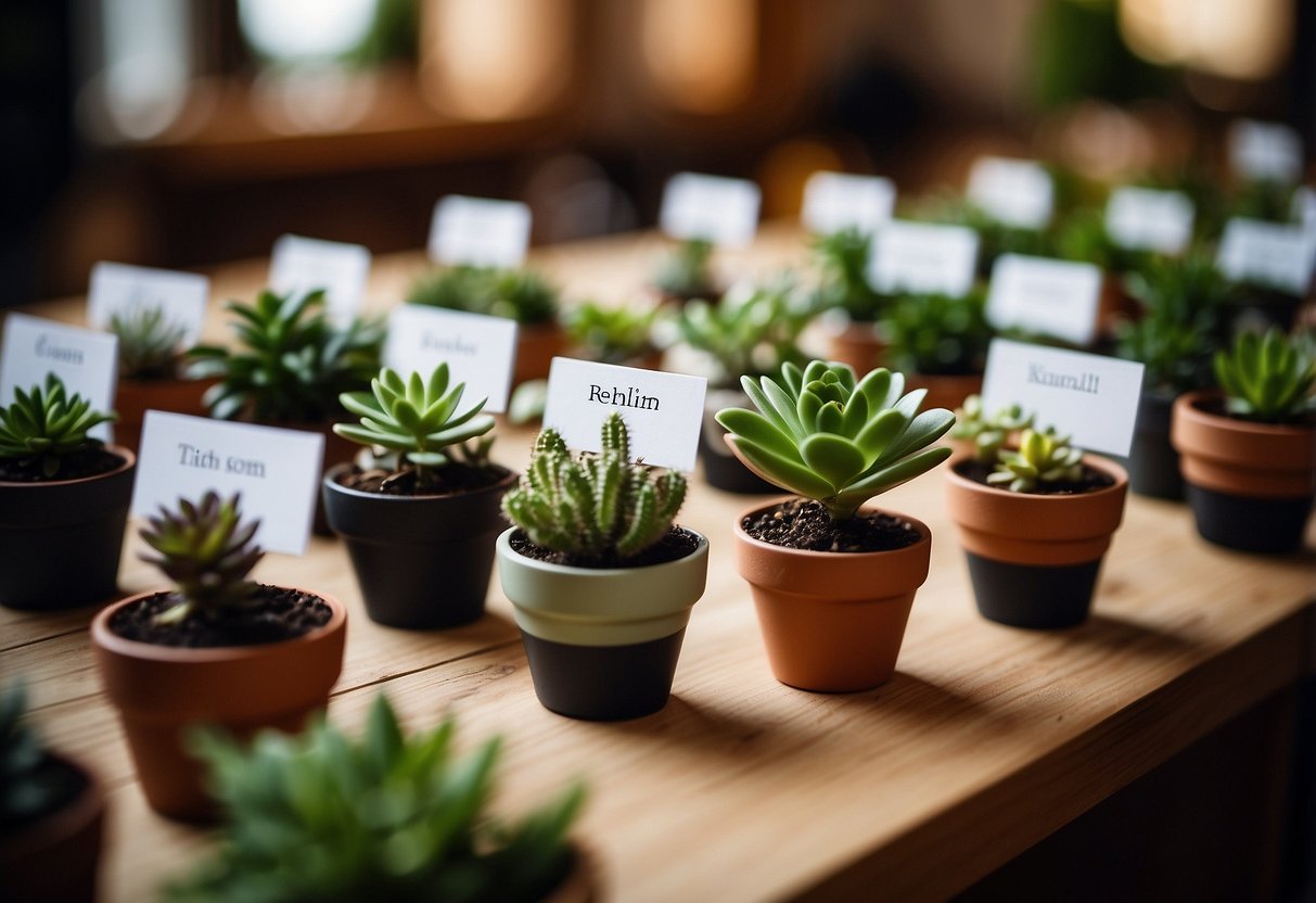 Miniature potted plants arranged on a table with name cards. Each plant is labeled with a guest's name, creating a unique wedding place card idea