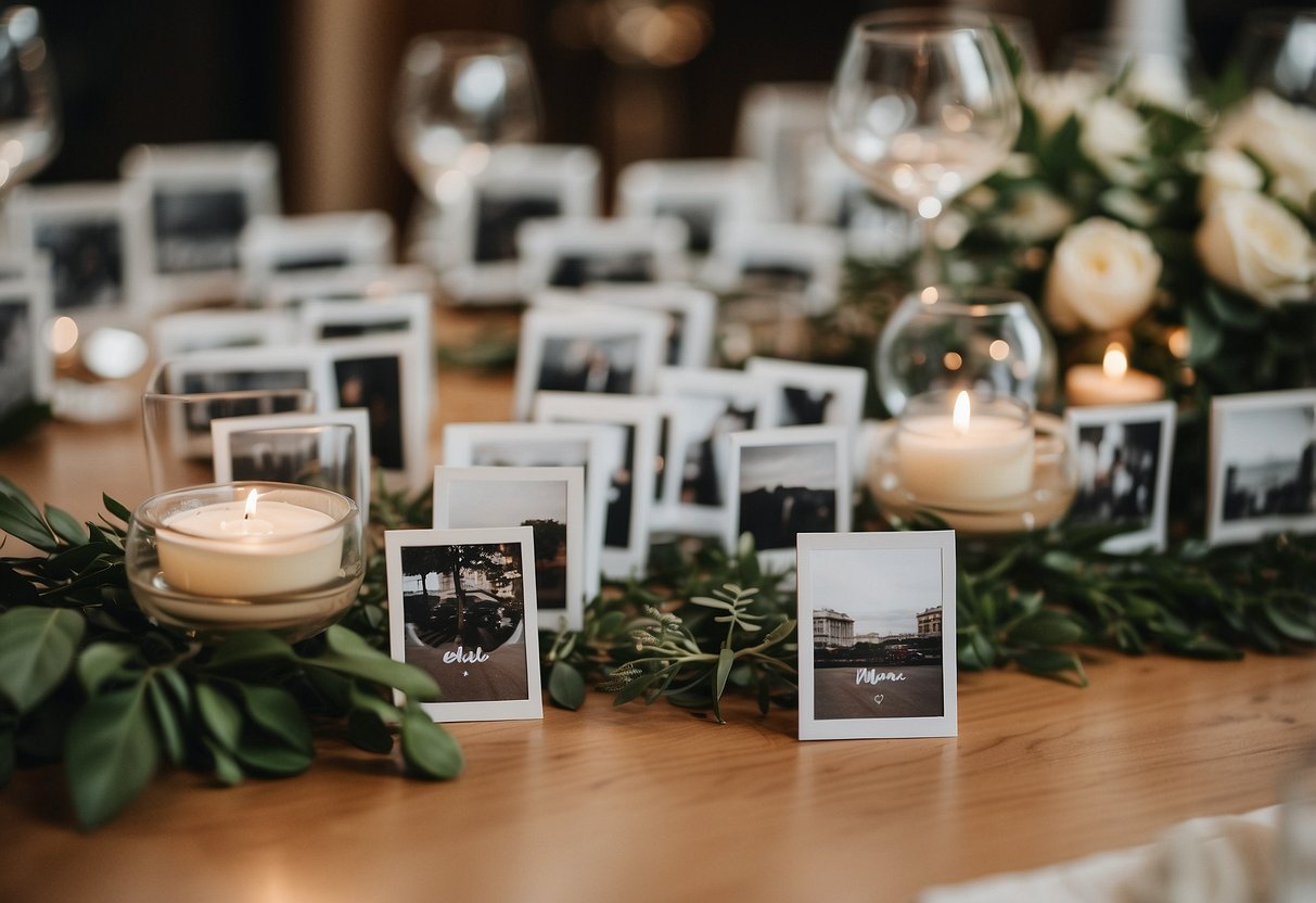 A table with personalized Polaroid photos as wedding place cards, arranged neatly with elegant calligraphy