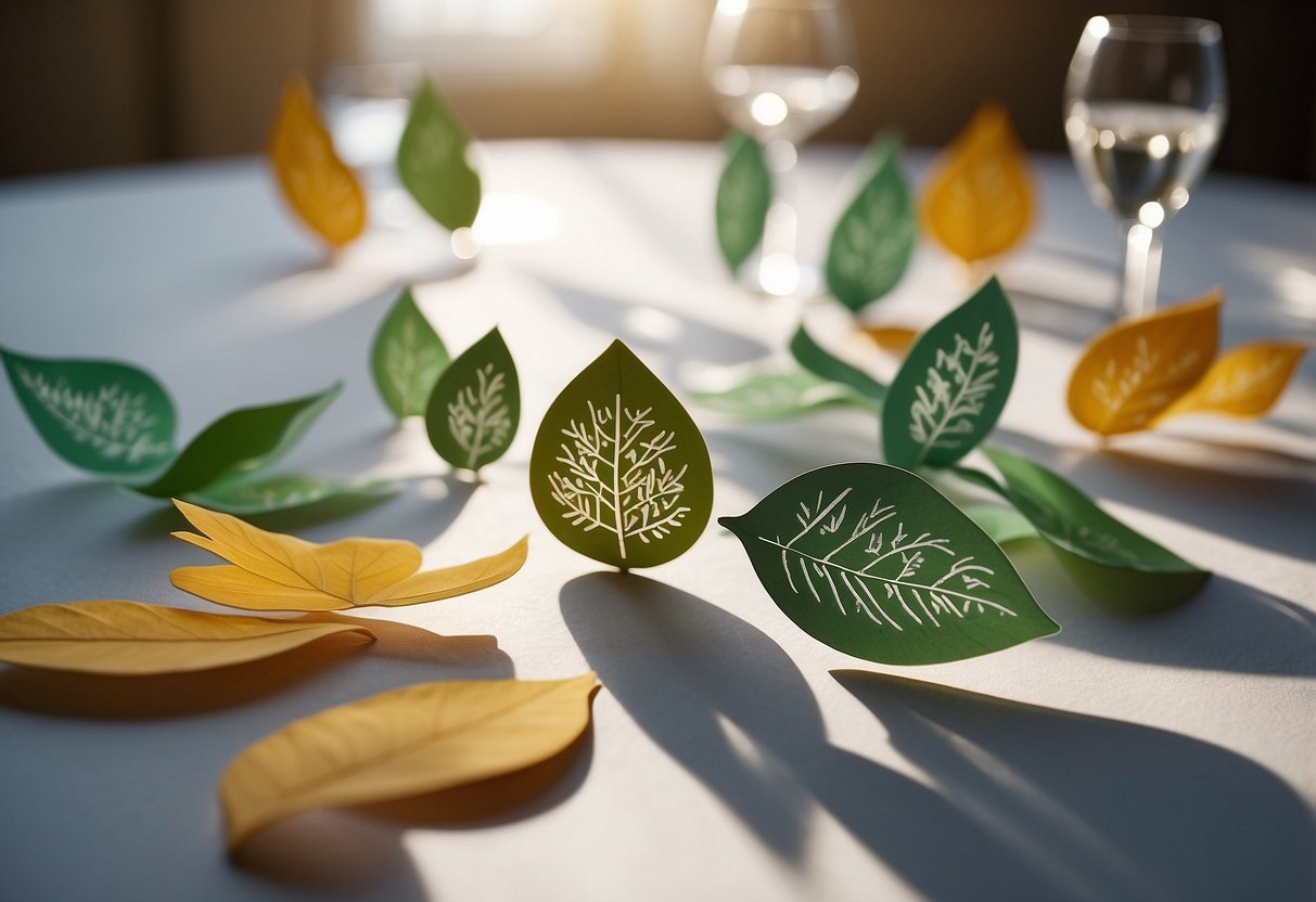 Leaf-shaped paper cutouts arranged on a table, each with a guest's name written in elegant calligraphy. A soft, natural light illuminates the display, casting delicate shadows on the surface below